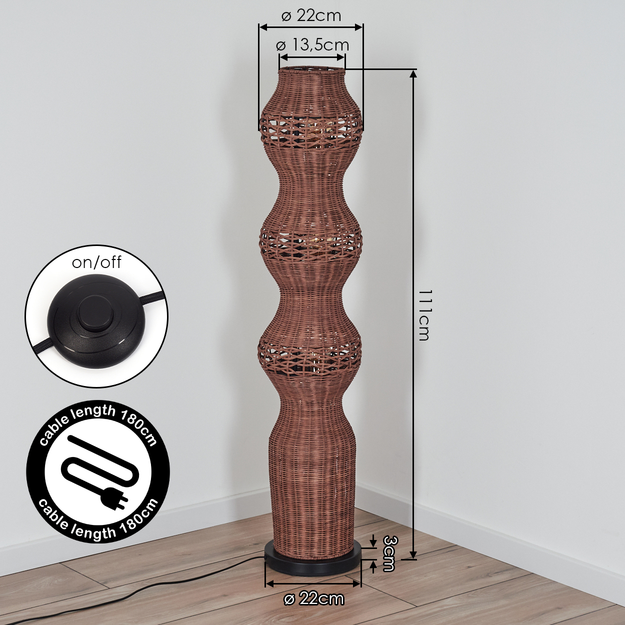Braune Korbleuchte, 111cm hoch, mit Fußschalter und 180cm Kabel.