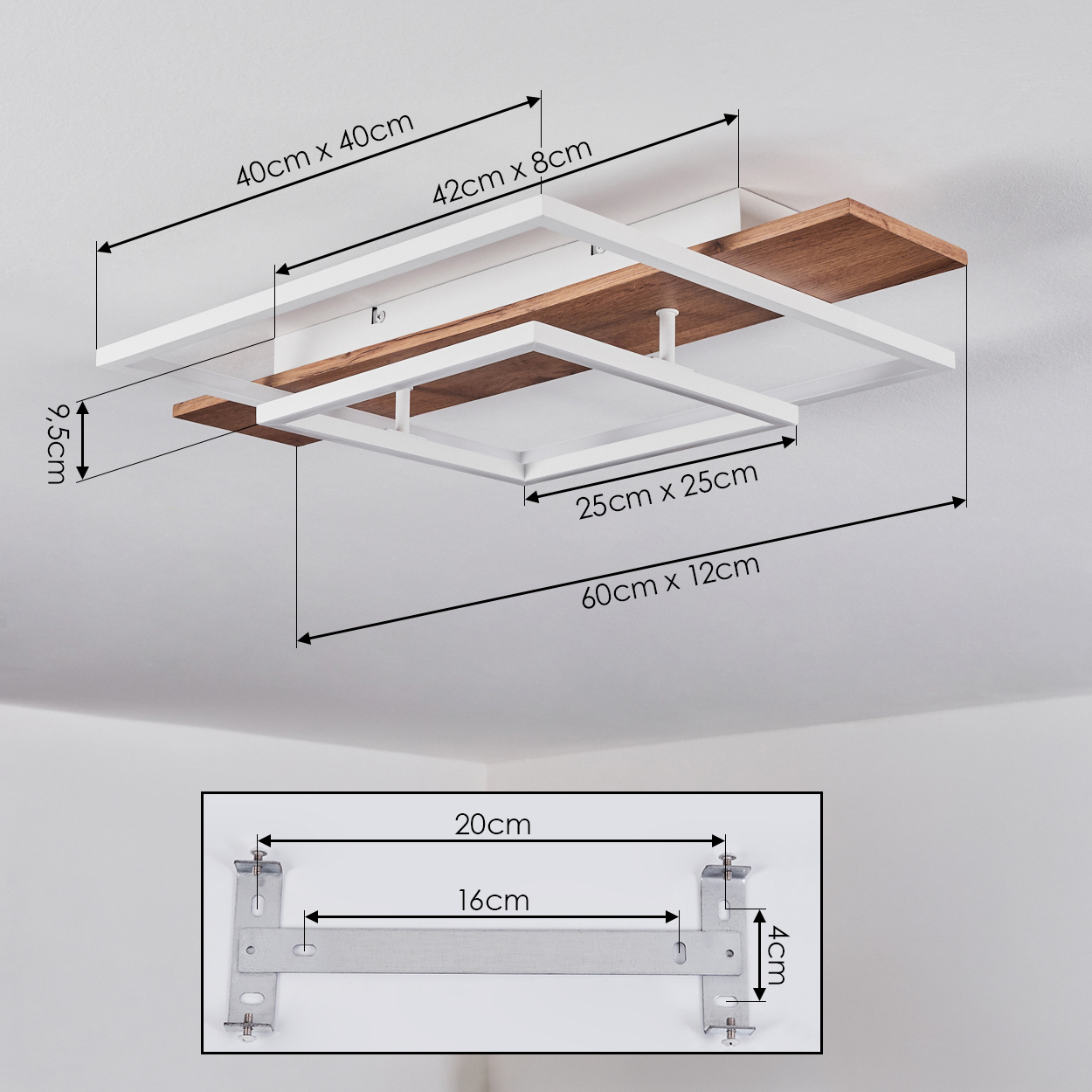 Deckenleuchte mit Maßen, weiß und Holz, mit Montagehalterung.