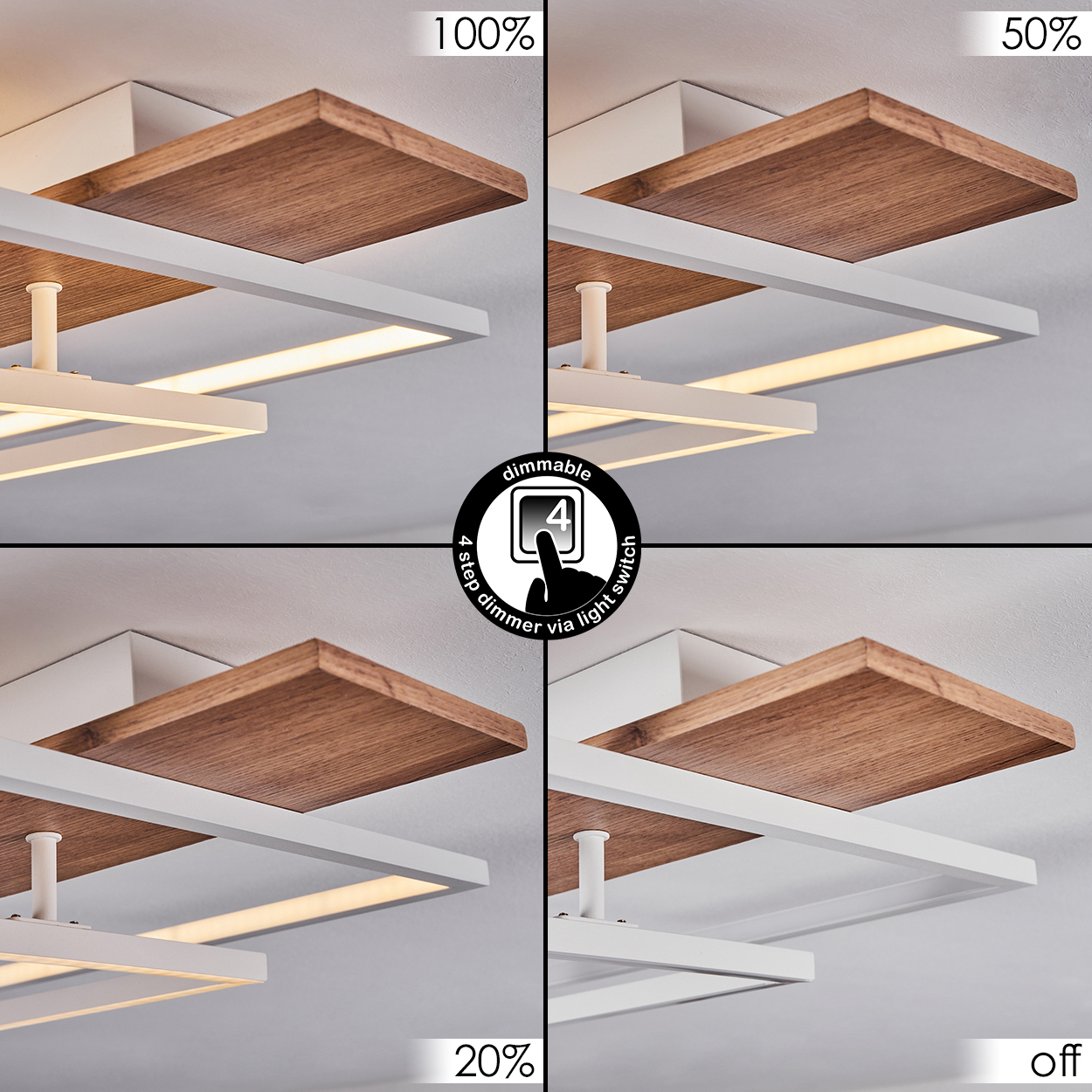 Deckenleuchte mit Holz und Metall, dimmbar in 4 Stufen.