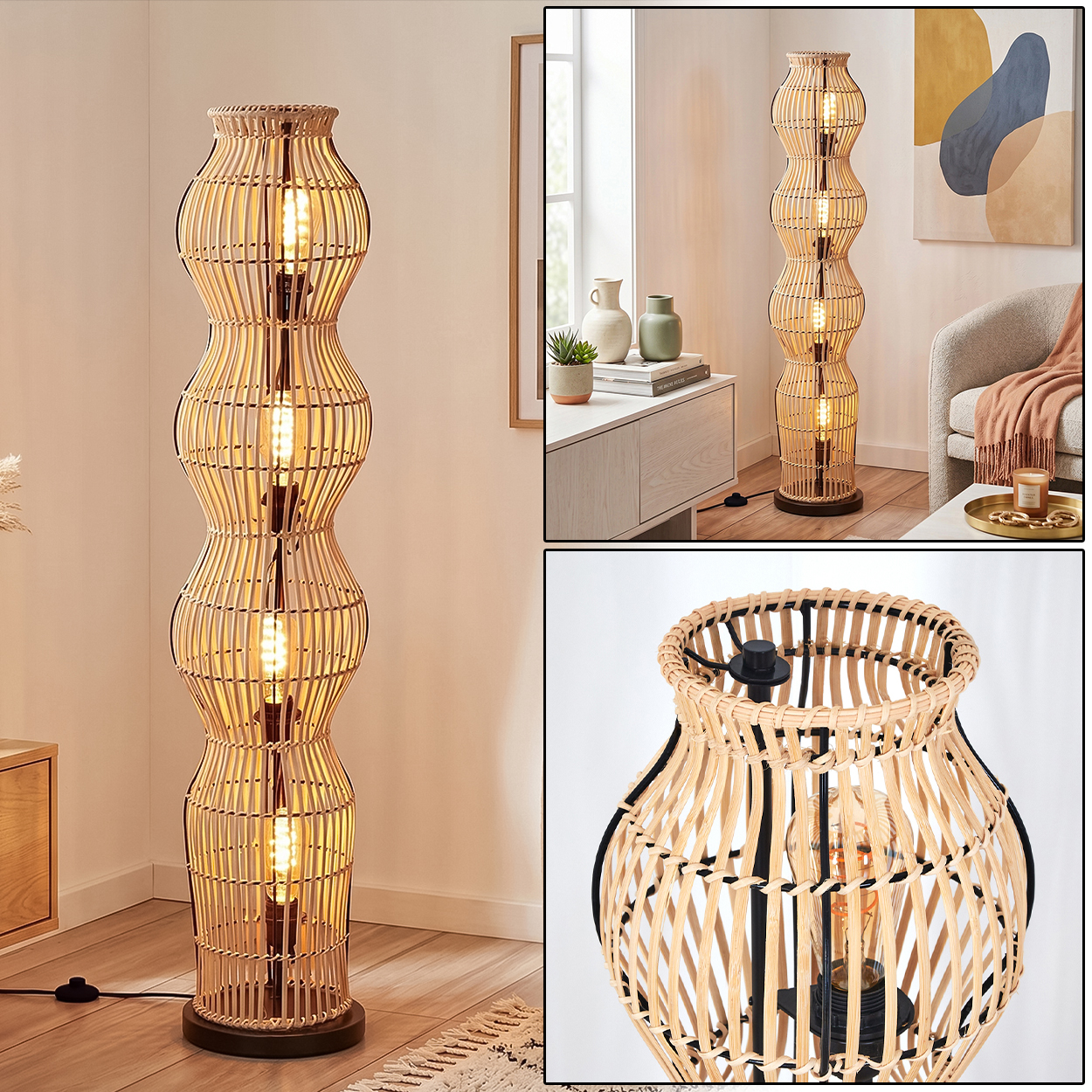 Ein hoher, gewellter Rattanständer mit Glühbirnen, der in einem Wohnzimmer steht.