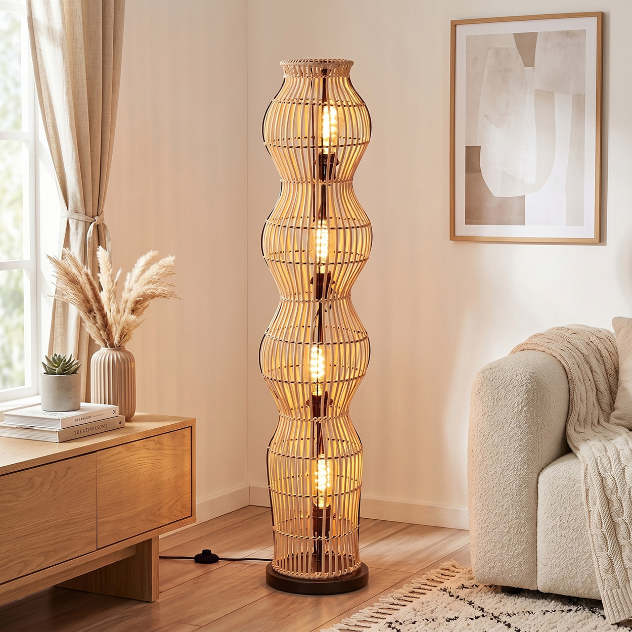 Ein hoher, gewundener Lampenschirm aus Rattan mit drei Lichtern steht neben einem Sofa.