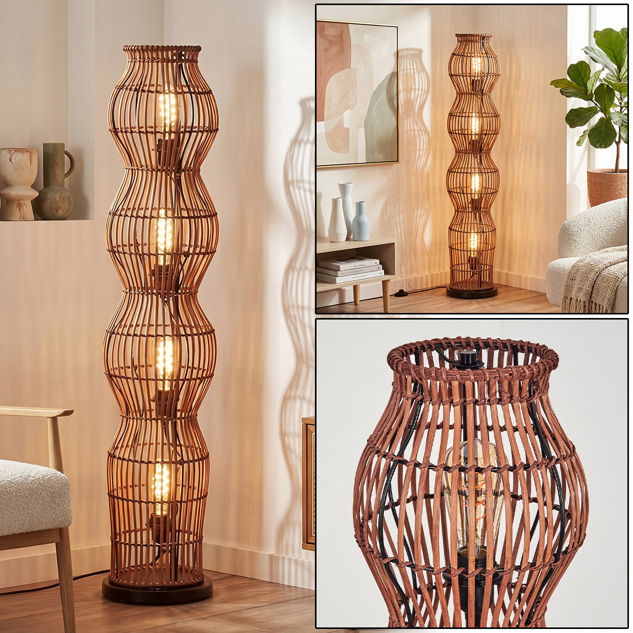 Braune Rattantischlampe mit drei Glühbirnen, stilvoll.