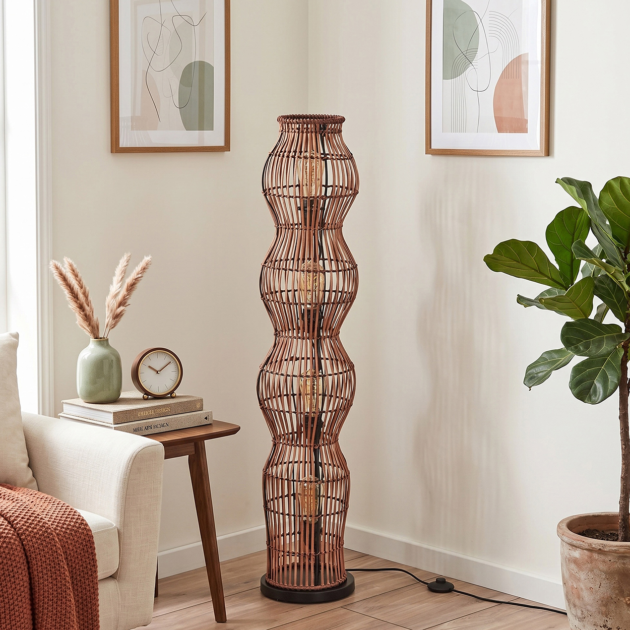 Geflochtene Stehlampe in einem Wohnzimmer mit Sessel, Beistelltisch und Pflanze.