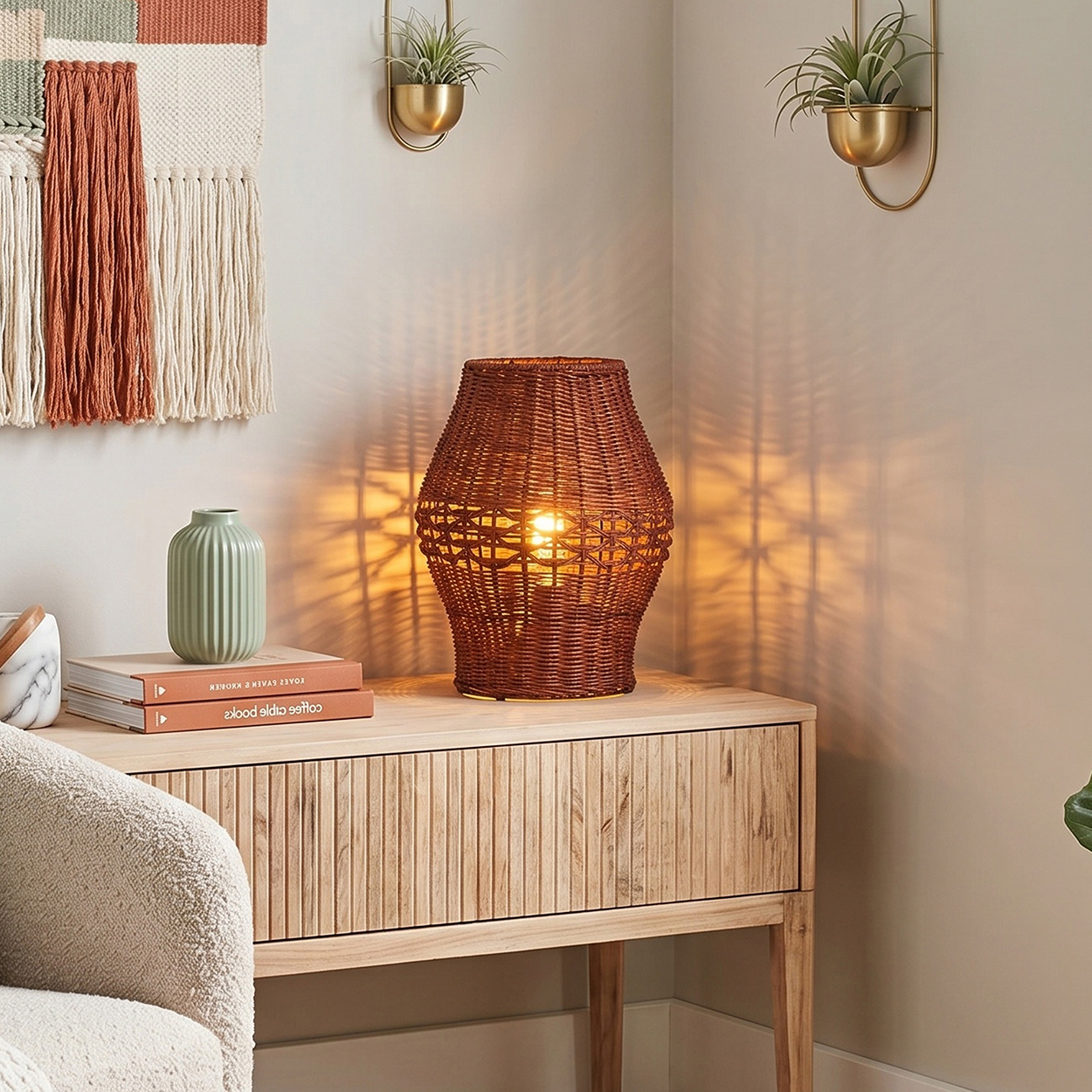 Eine geflochtene braune Lampe wirft Muster an eine Wand, daneben ein grüner Krug.