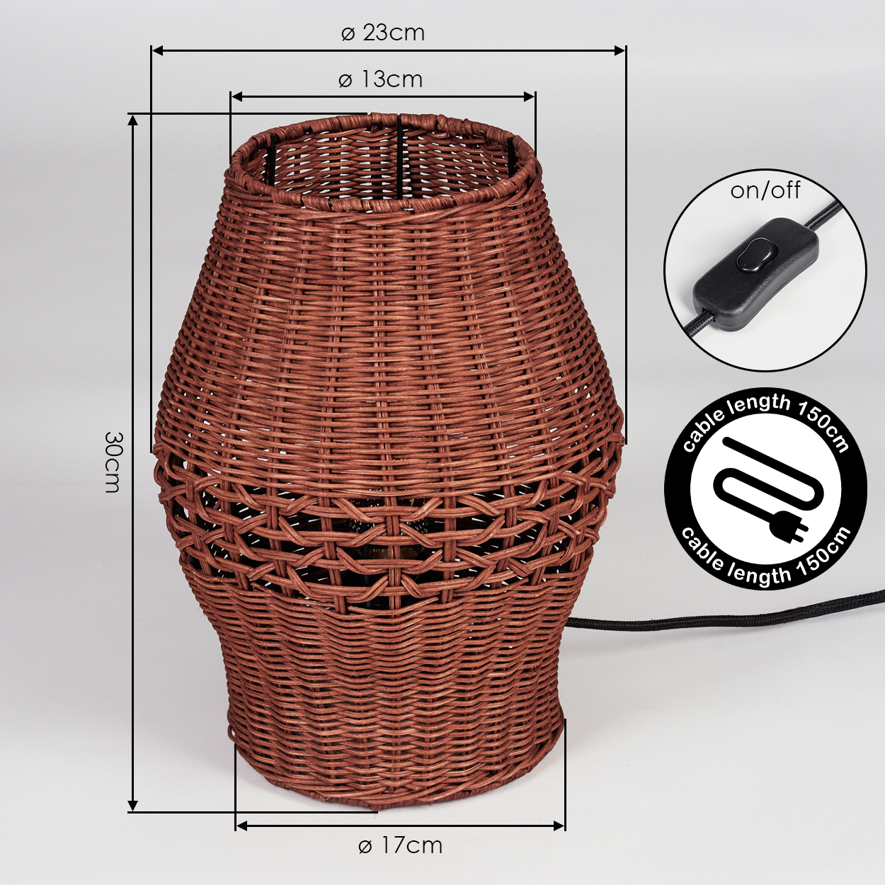 Braune Korbtischlampe mit Kabel und Schalter. H:30cm, Ø:23cm.
