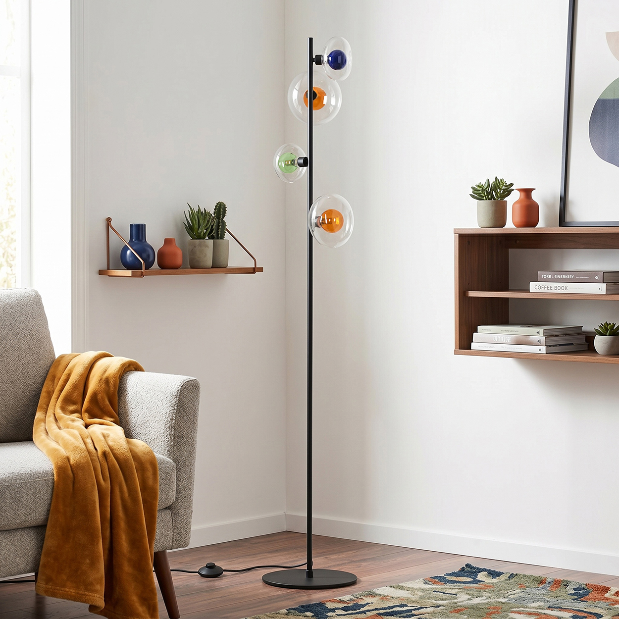 Ein moderner Stehleuchte mit Glaskugeln in Orange, Grün und Blau.