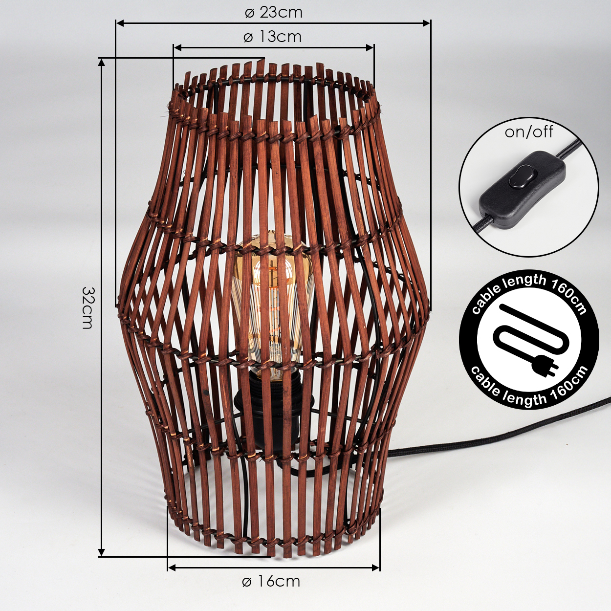 Braune Korbtischlampe mit Glühbirne, 32cm hoch, 23cm breit.