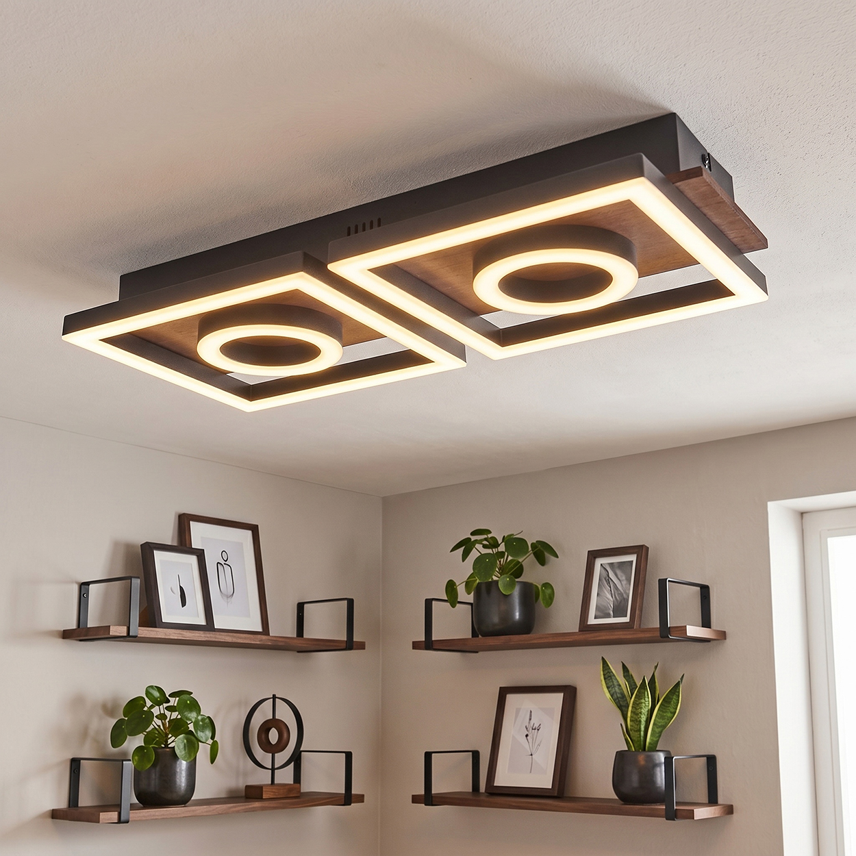 Moderne Deckenleuchte mit Holz und LEDs über Wandregalen mit Pflanzen und Bildern.