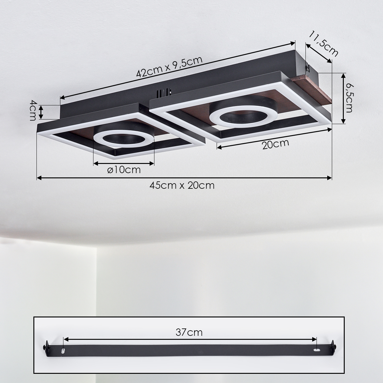 Moderne Deckenleuchte mit zwei quadratischen Ringen und Holzdetails, Maße angegeben.