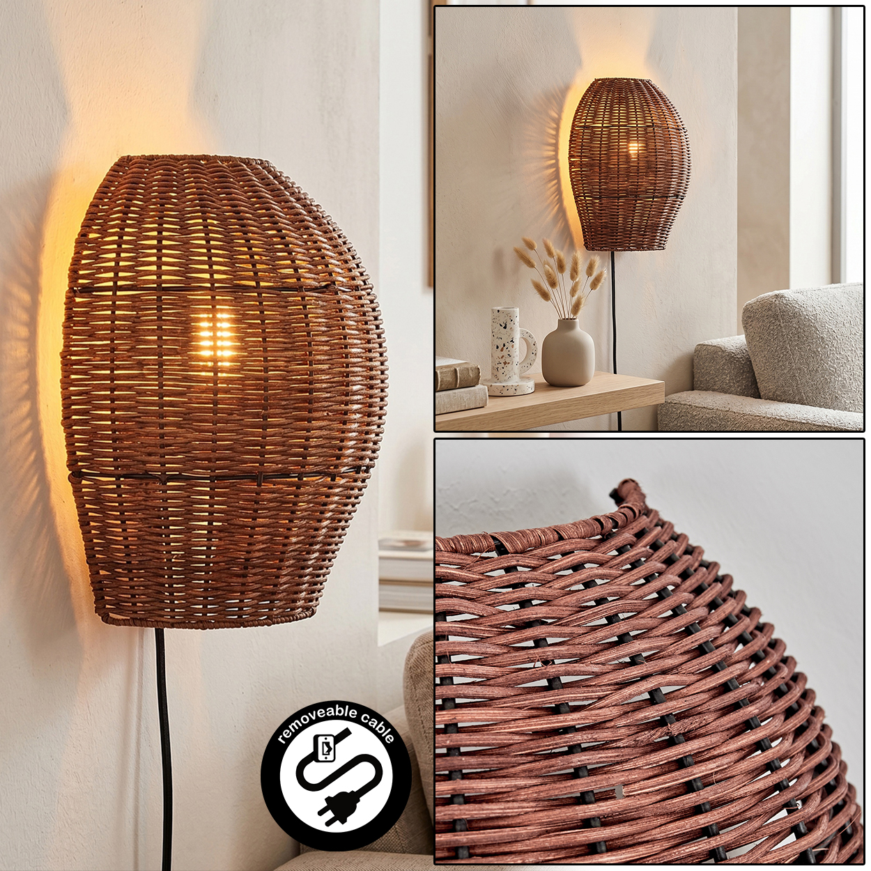 Ovaler, geflochtener Lampenschirm aus braunem Rattan an einer Wand. Der Lampenschirm leuchtet.