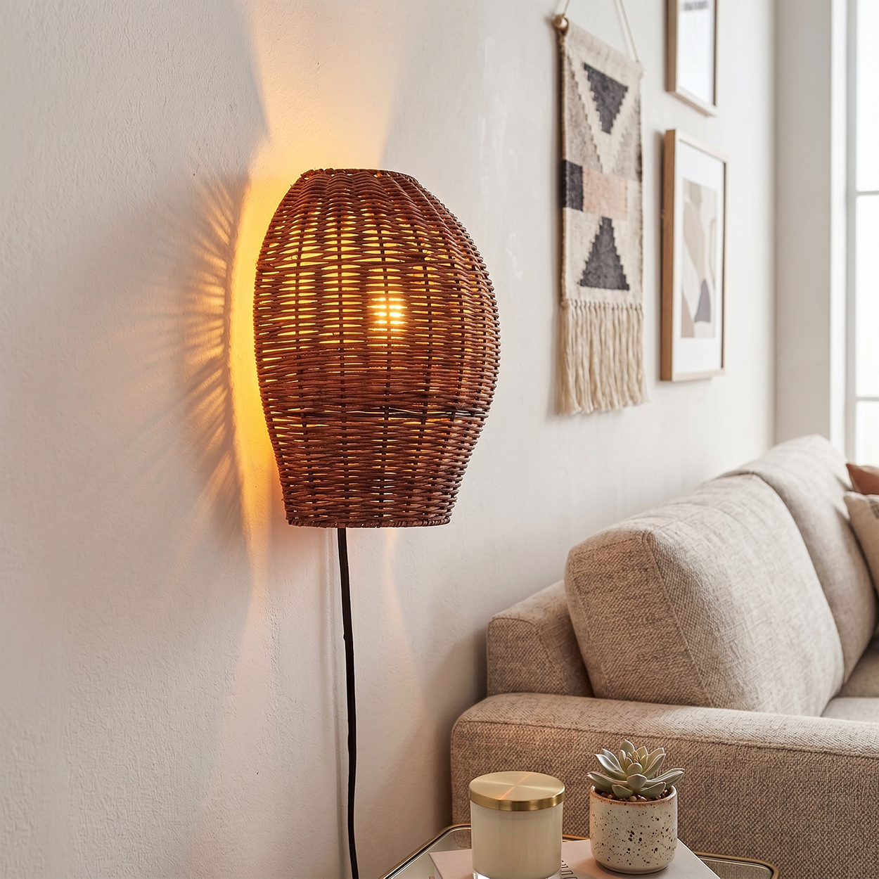 Braune Korblampe wirft Schatten. Sofa und Wanddeko im Hintergrund.