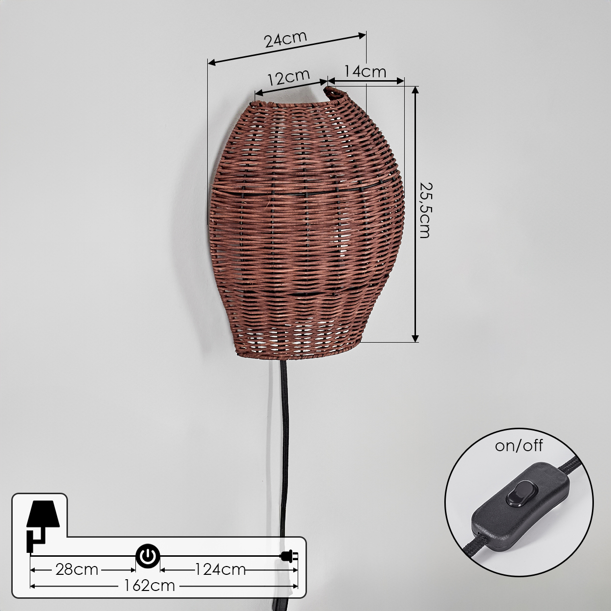 Braune Weidenwandlampe mit Schalter, Maße: 24x25,5cm.