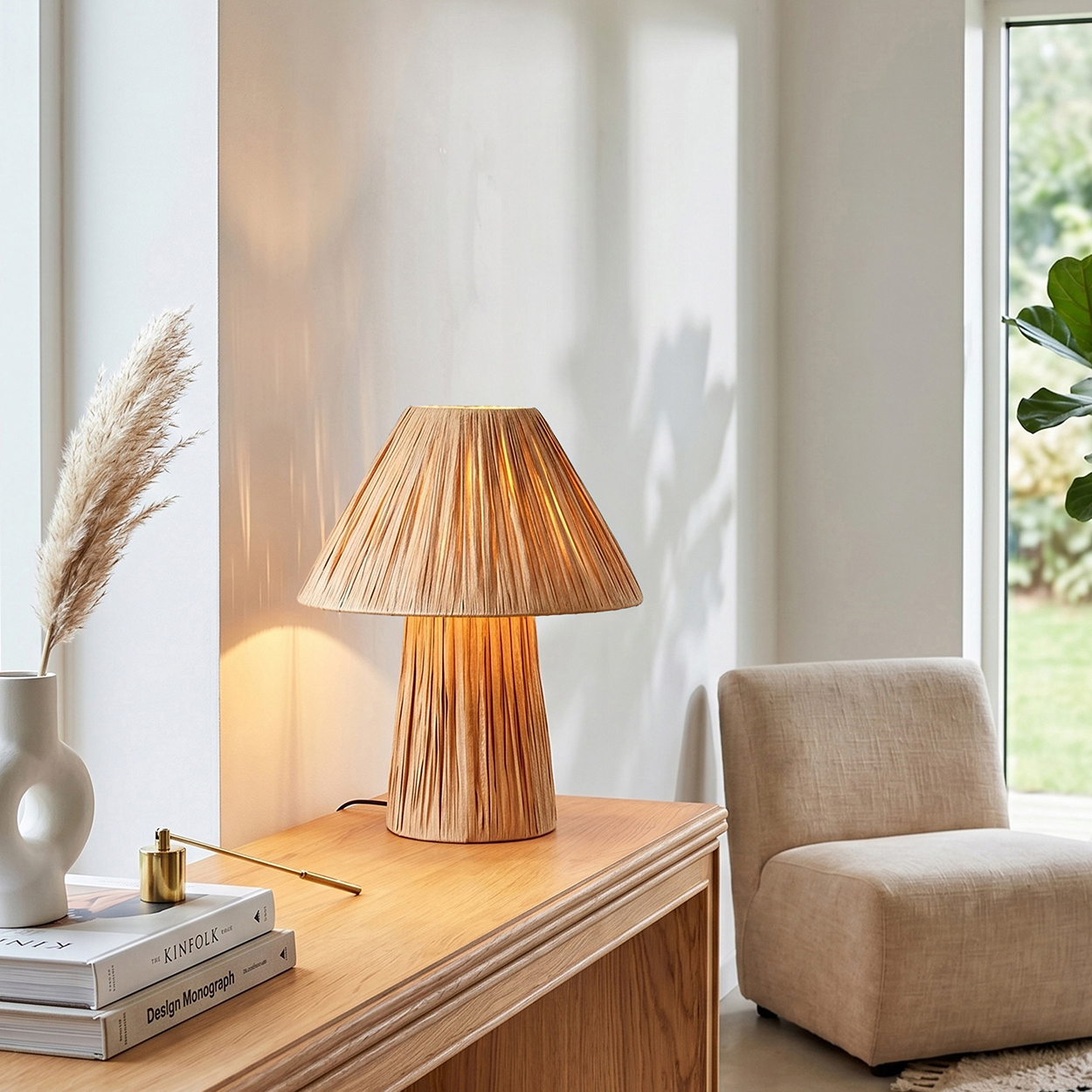 Eine gewebte Lampe mit plissiertem Schirm steht auf einem Holztisch neben einer Vase und Büchern.