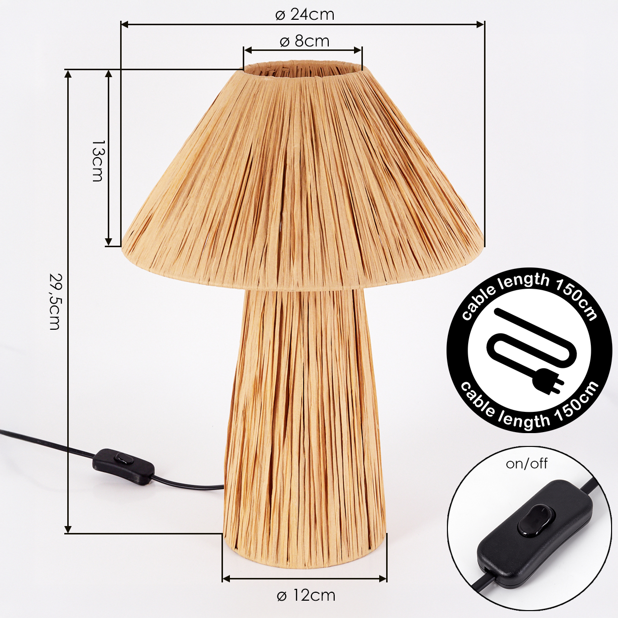 Eine Tischlampe aus hellem Stroh mit kegelförmigem Schirm und Fuß. Maße sind angegeben.
