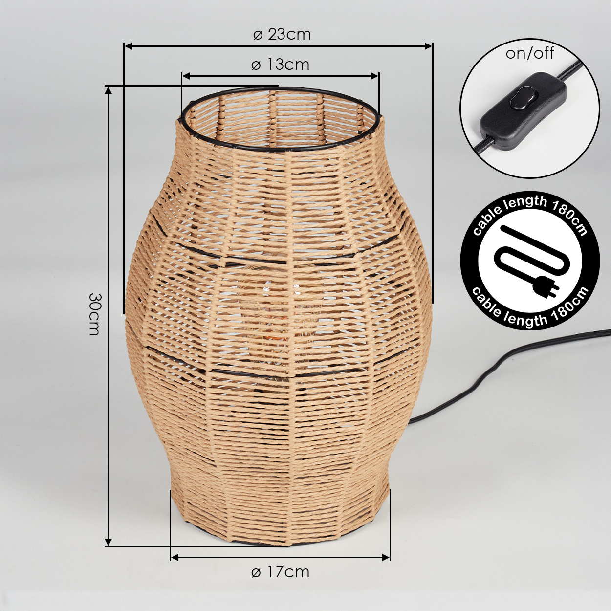 Geflochtene Lampe mit Maßen 30cm hoch, 23cm breit, 17cm Basis. Inkl. Schalter & 180cm Kabel.