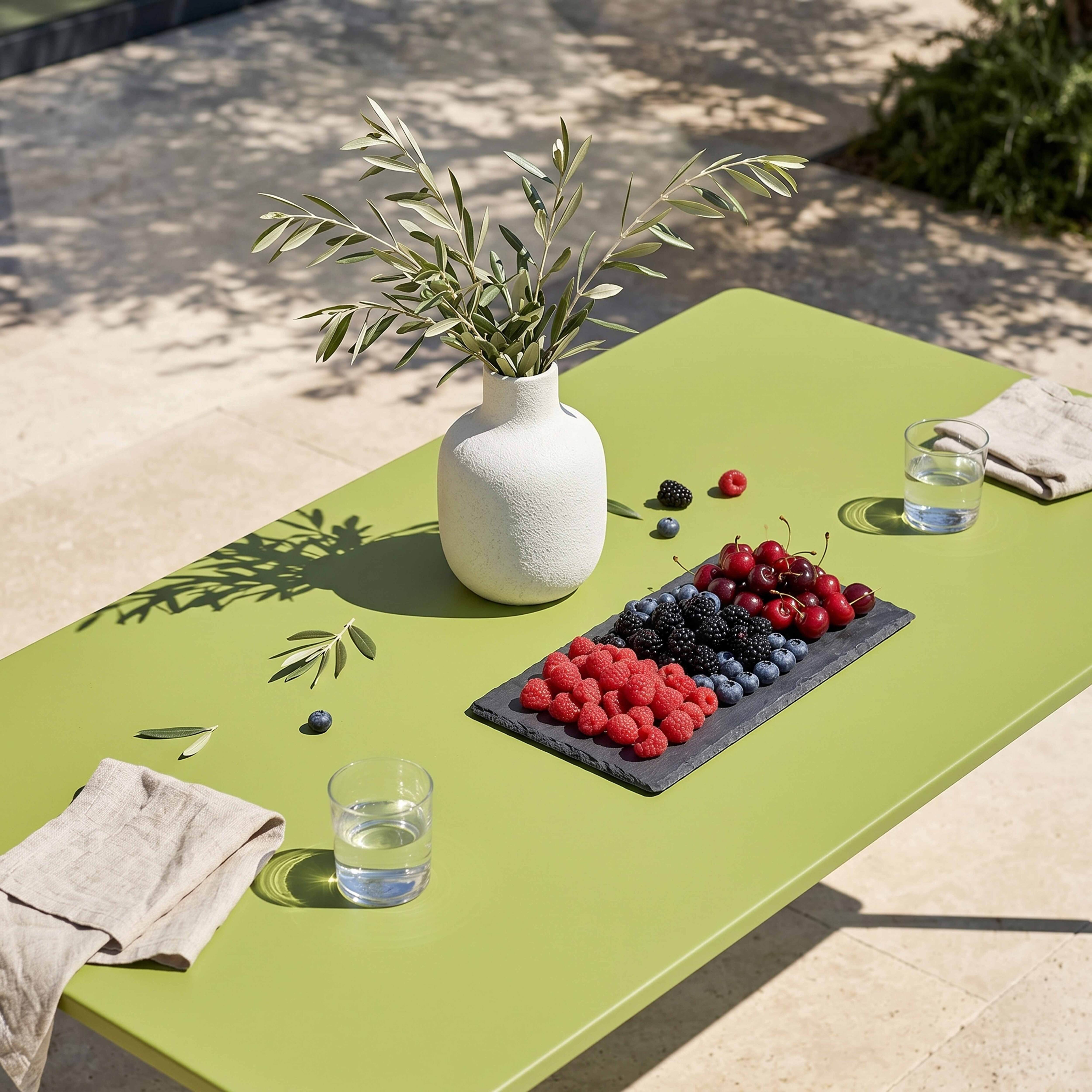Grüner Tisch mit Beeren, Vase, Wassergläsern und Stoffservietten.