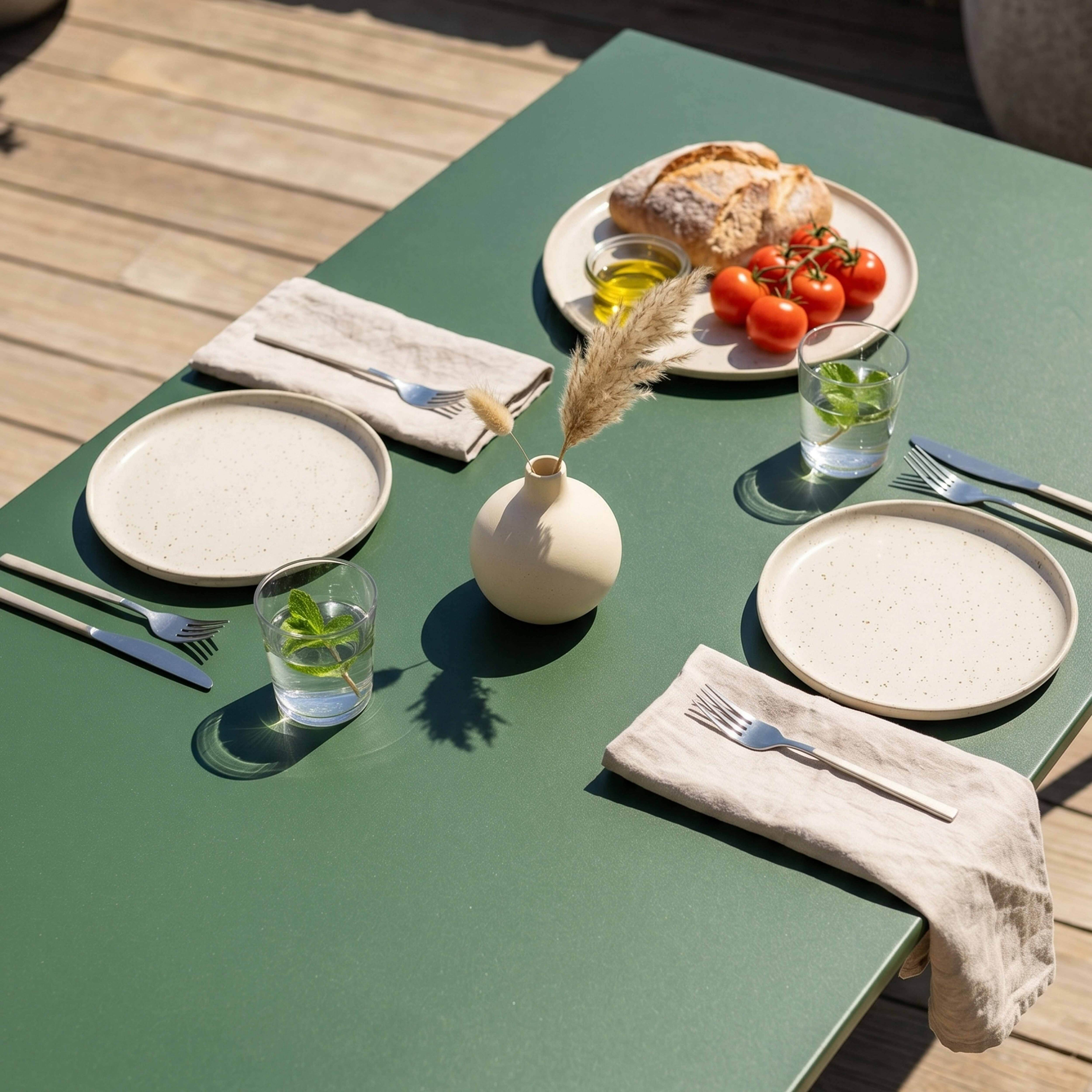 Ein gedeckter Tisch im Freien mit Tellern, Besteck, Brot, Tomaten und Wassergläsern.
