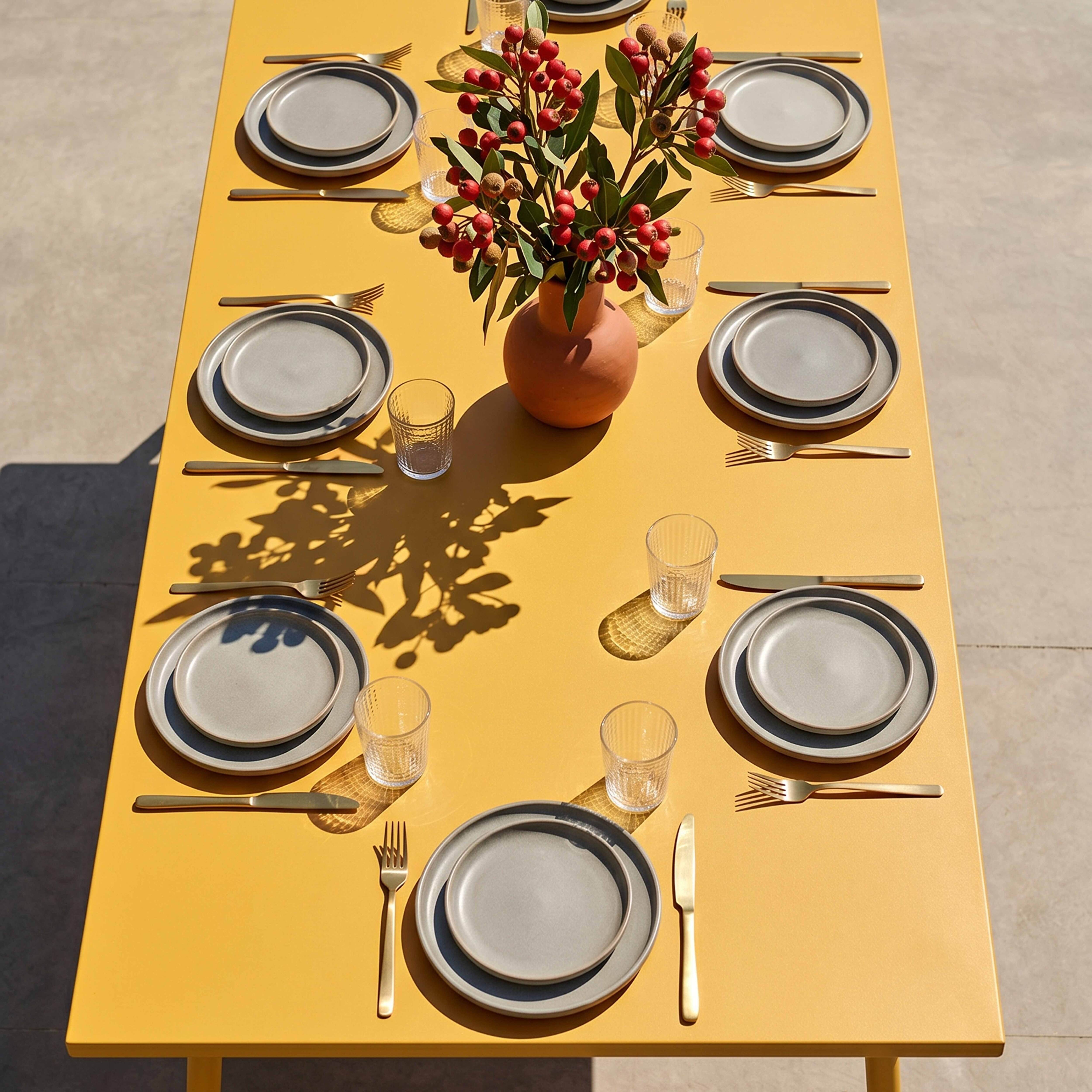 Ein gelber Tisch mit gedeckter Tafel, dekoriert mit einer Vase voller Beeren.