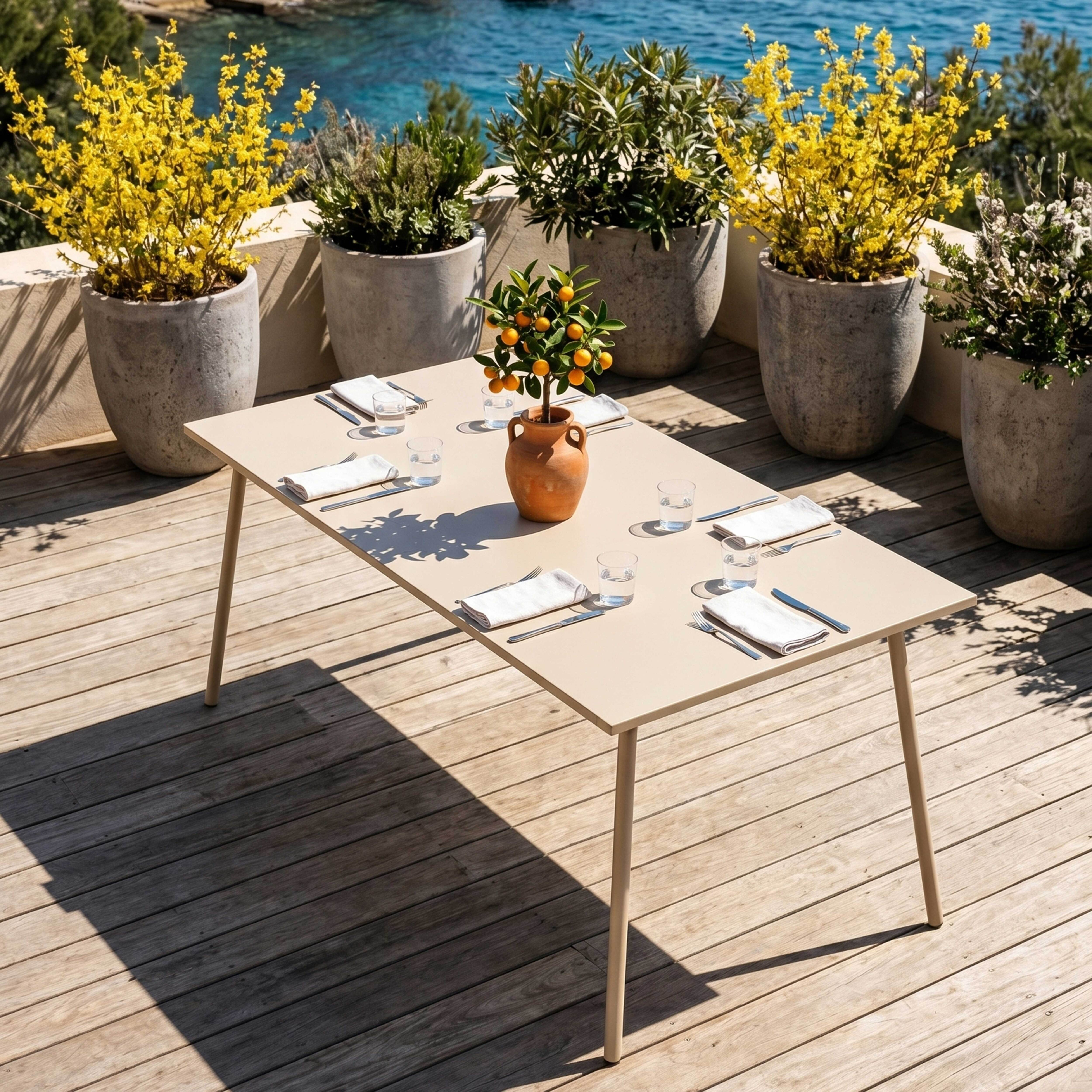 Ein Tisch mit Essgeschirr steht auf einer Holzterrasse mit Blick auf das Meer.