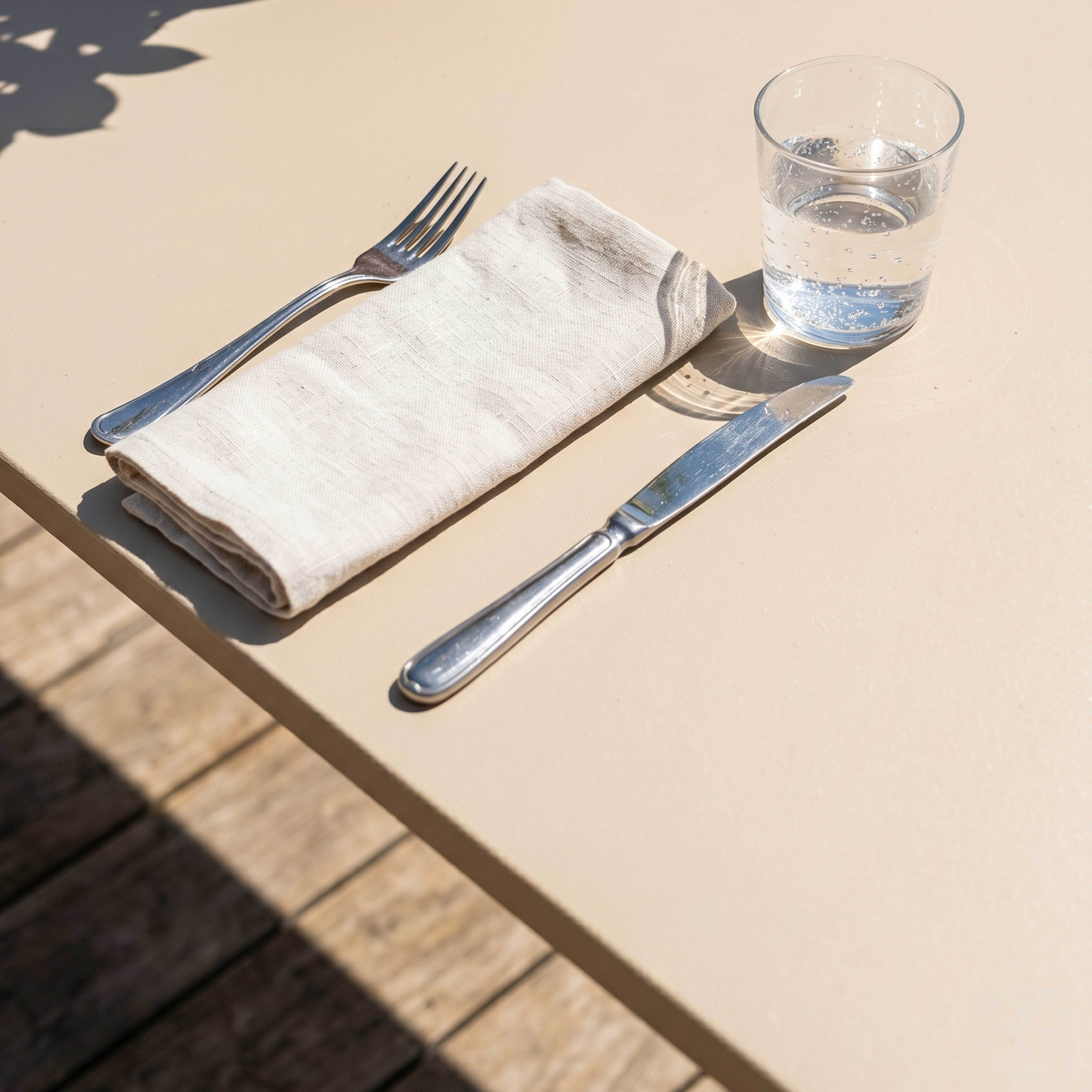 Ein silberner Löffel, eine Serviette und ein Glas Wasser auf einem Tisch.