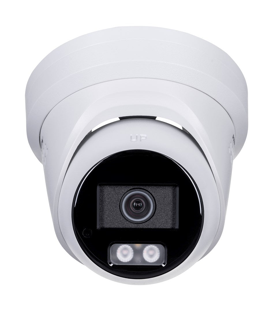 A white security camera with a black lens and two lights below it.