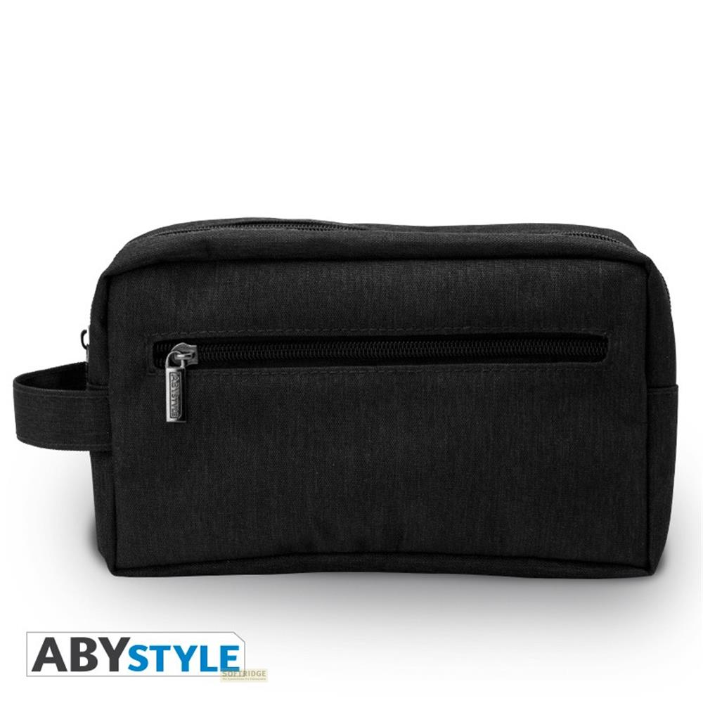 Schwarze Kulturtasche mit Reißverschlussfach und Henkel.