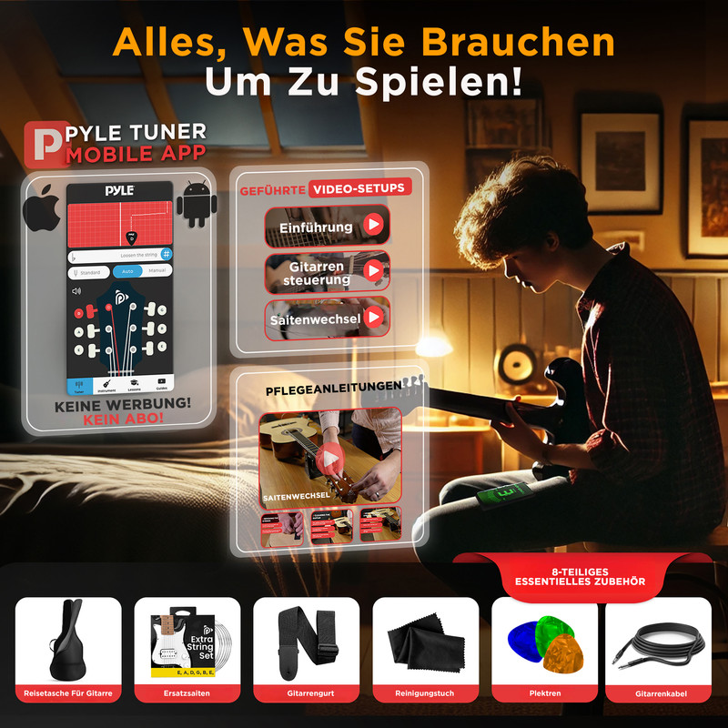 Illustration zeigt eine Gitarre, eine App, Zubehör und eine Person, die Gitarre spielt.