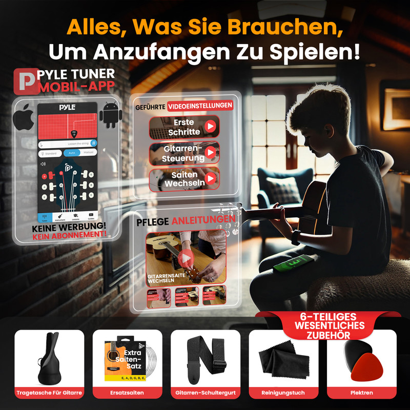 Anleitungsvideo und Zubehör für Gitarrenanfänger: App, Tutorials, Tasche, Saiten, Gurt.