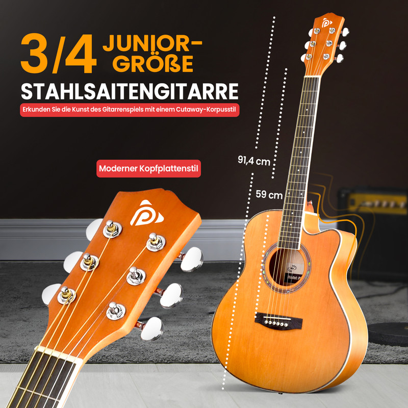 Eine 3/4 Junior-Größe Stahlsaite Gitarre mit Cutaway-Korpus und modernem Kopfplattenstil.