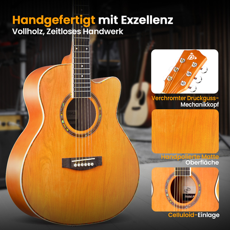 Eine Akustikgitarre mit Holzmaserung, Nahaufnahme des Kopfes und der Oberfläche.