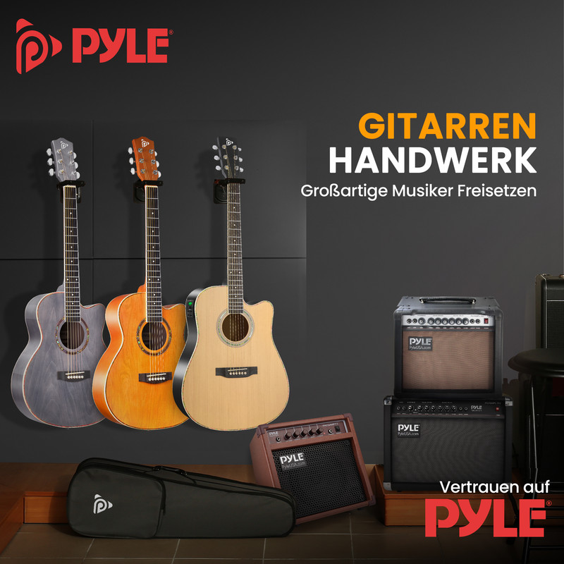 Drei Gitarren und zwei Verstärker, mit Pyle Logo.
