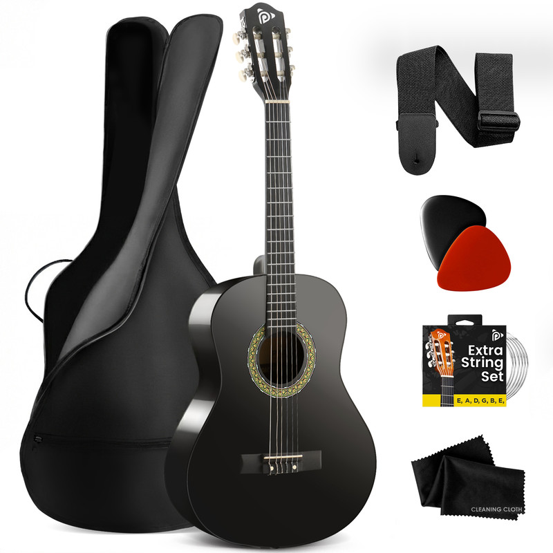 Schwarze Gitarre mit Zubehör: Tasche, Gurt, Plektren, Saiten und Tuch.
