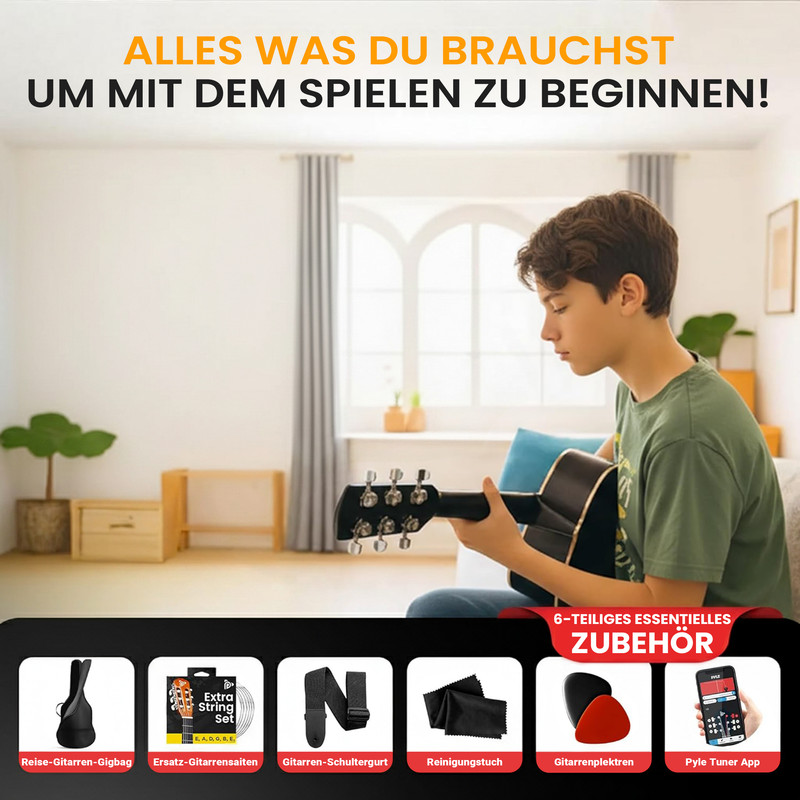 Ein Junge spielt Gitarre, mit Zubehör wie Tasche, Saiten, Gurt, Tuch, Plektren, App.