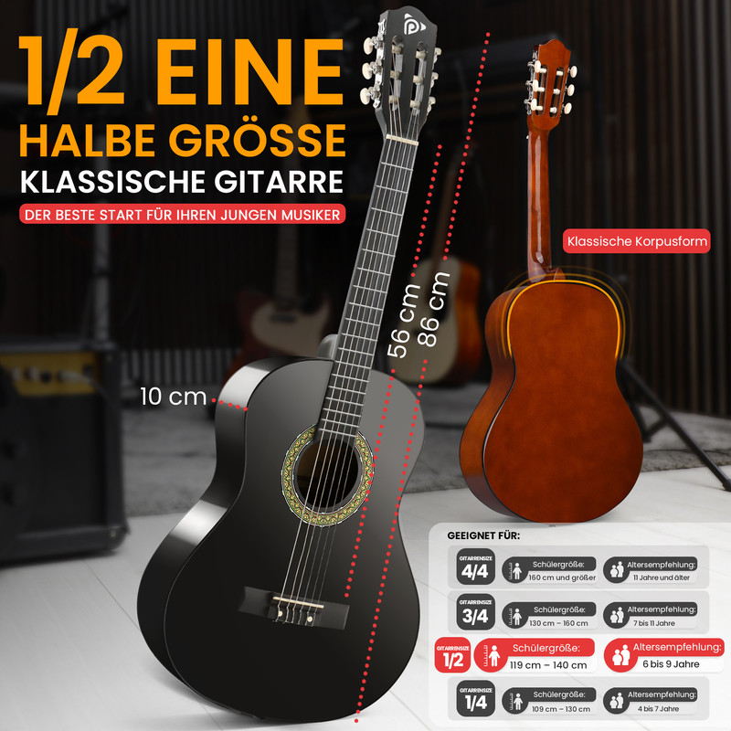 Zwei Gitarren, eine schwarze und eine braune. Informationen zu Größen und Altersgruppen.