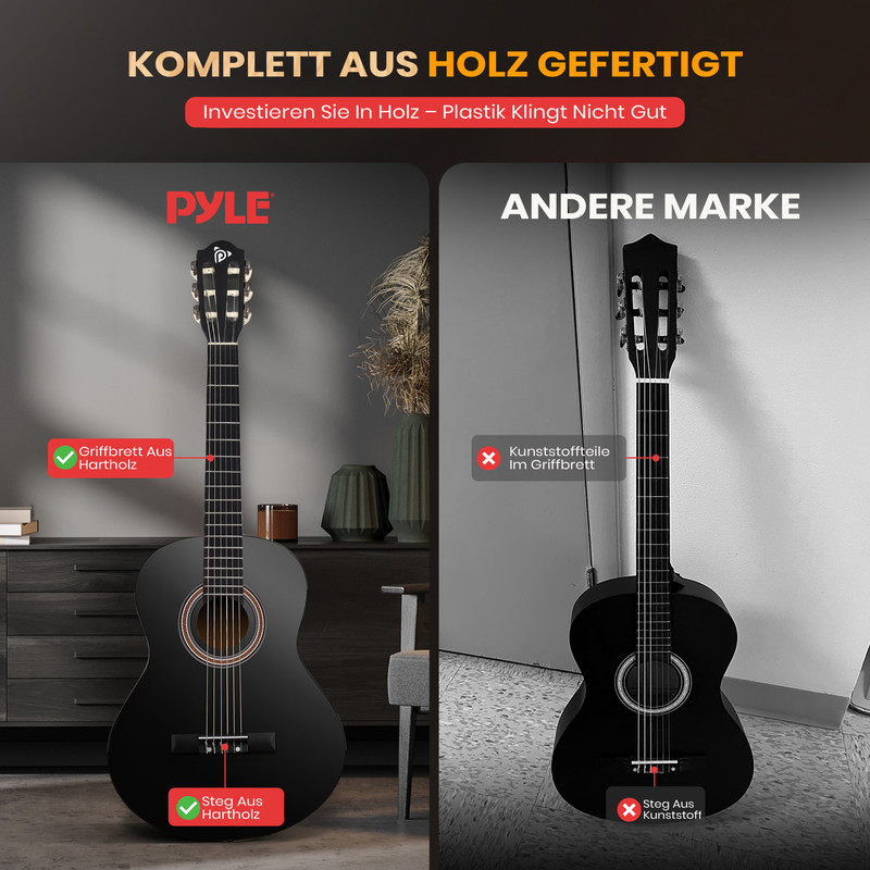 Zwei Gitarren: Eine aus Holz (links), eine mit Kunststoffteilen (rechts).