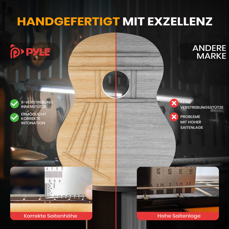 Vergleich von Gitarren-Innenleben: Pyle mit X-Streben, andere Marke ohne.