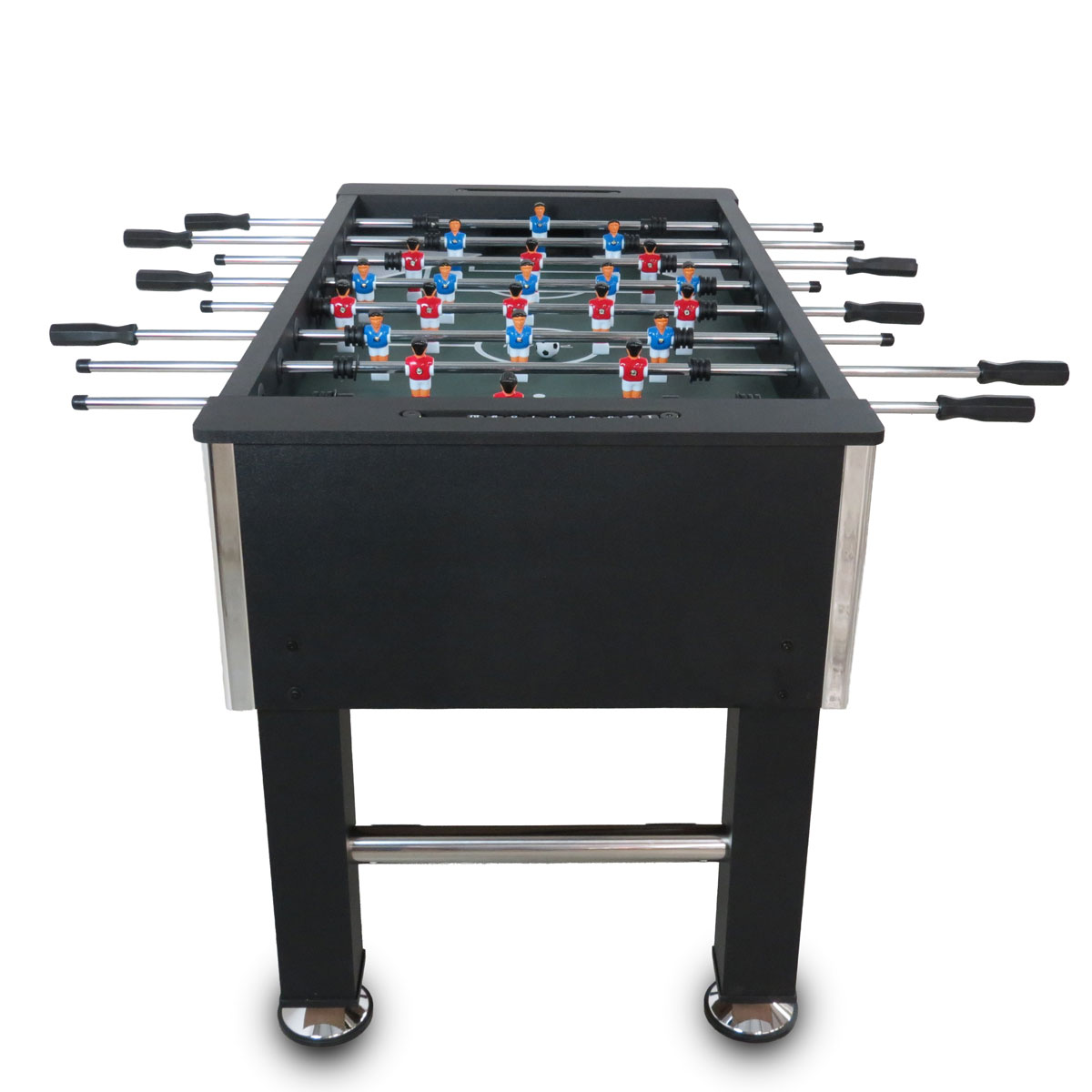 Een zwarte voetbaltafel met rode en blauwe spelersfiguren.