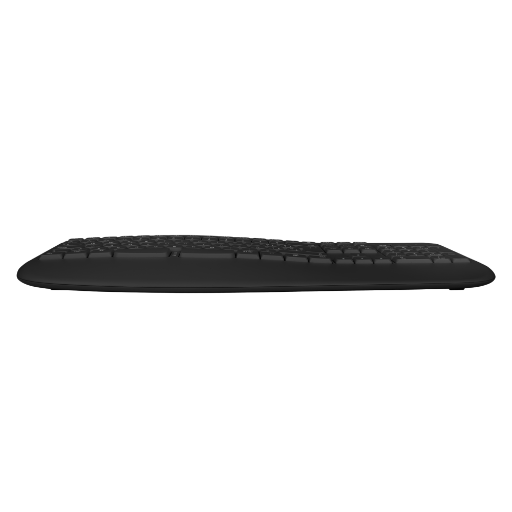 Perfil de teclado inalámbrico negro y plano sobre fondo blanco.