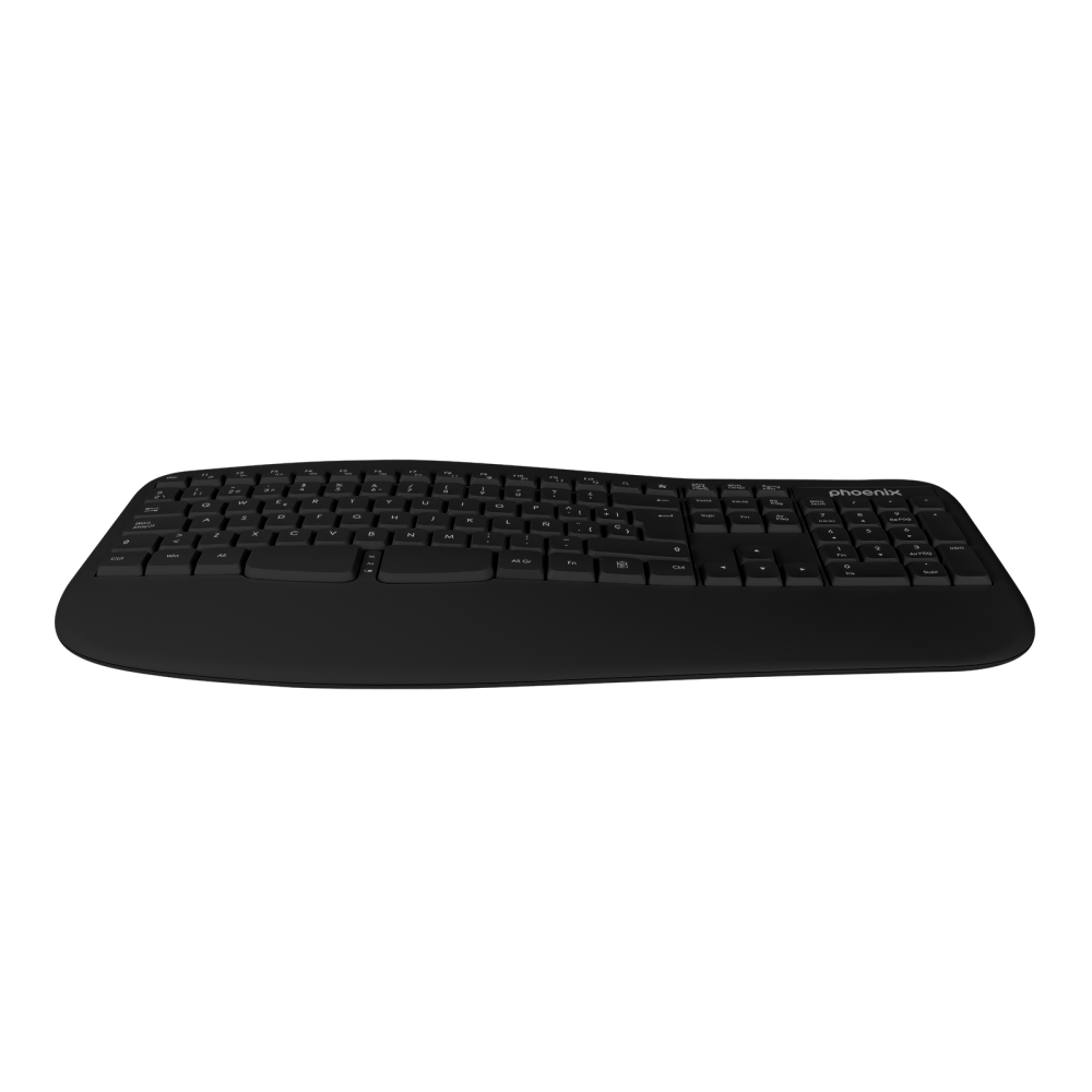 Un teclado negro con diseño curvo y teclado numérico.