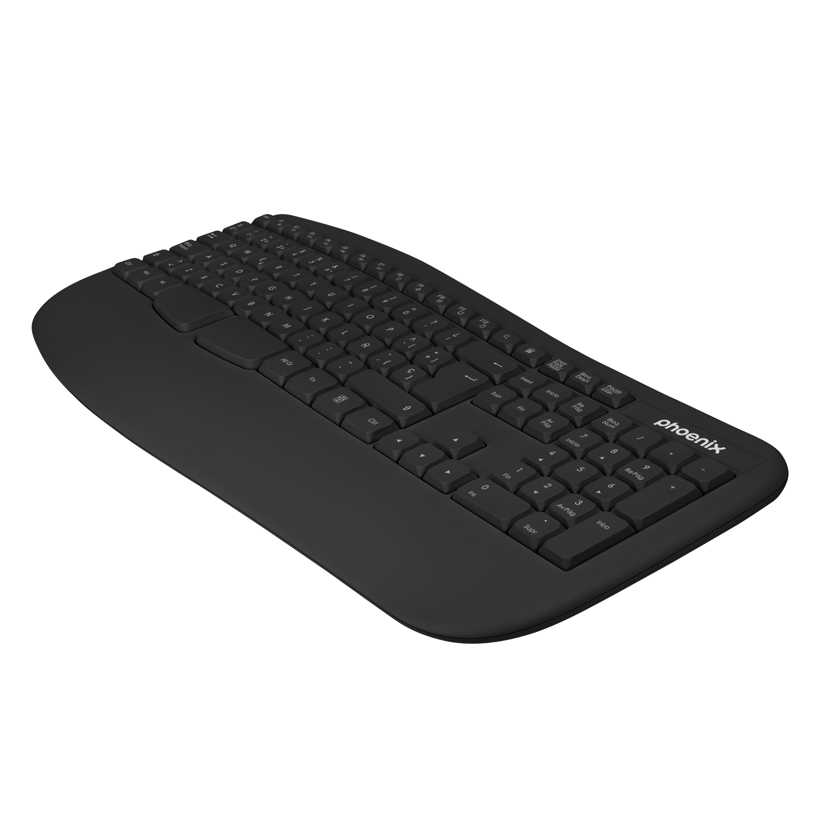 Teclado ergonómico negro con logo Phoenix, con cable, con teclado numérico.