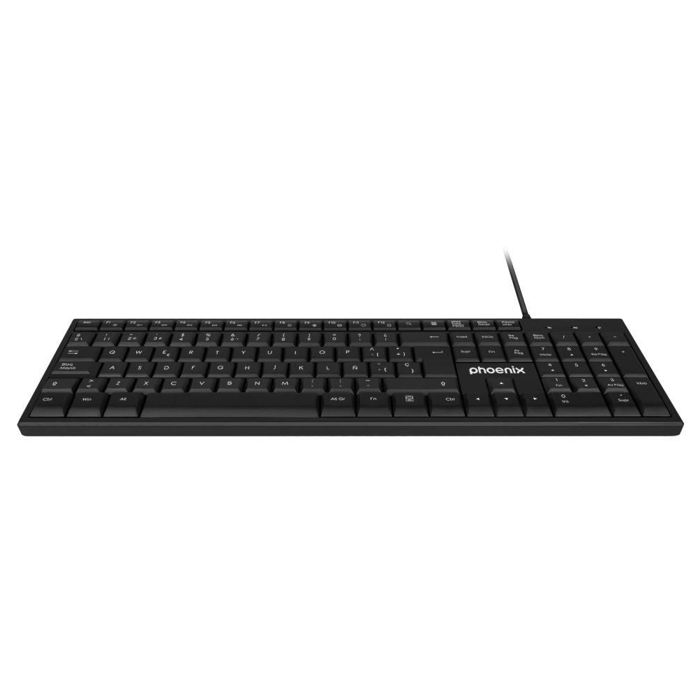 Teclado negro con cable y logo Phoenix, teclas con letras blancas.