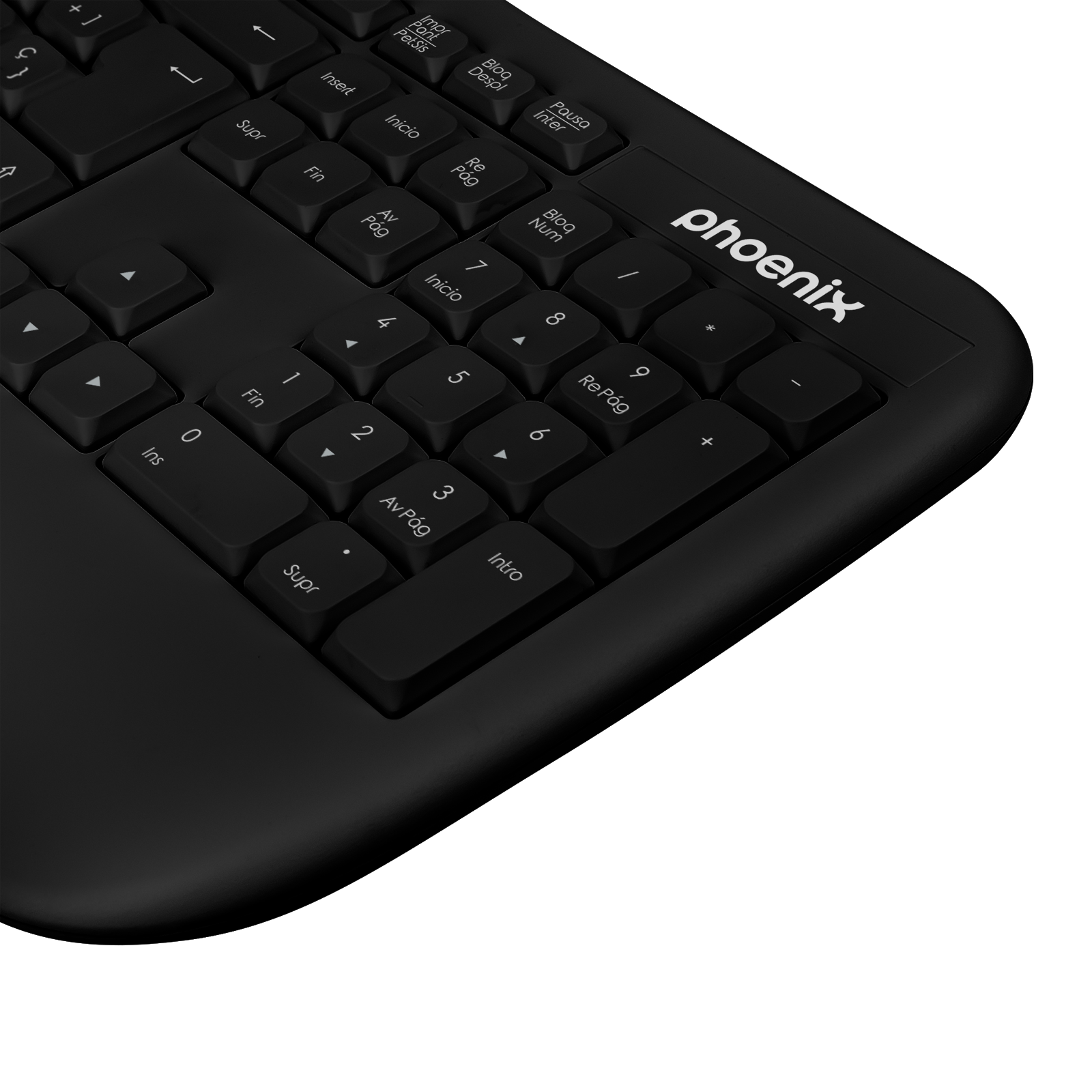 Primer plano de un teclado negro con el logo de Phoenix y etiquetas de teclas en portugués.