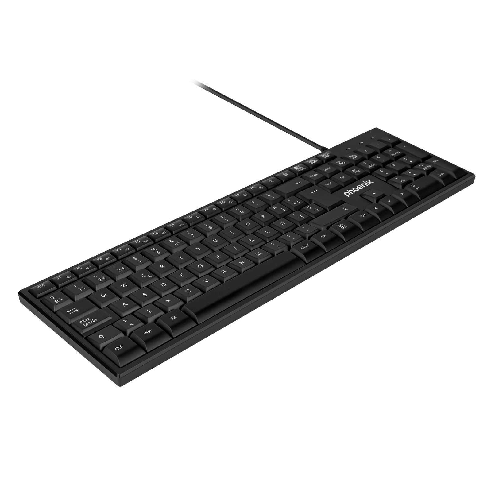 Teclado negro Phoenix con cable, visto desde arriba.