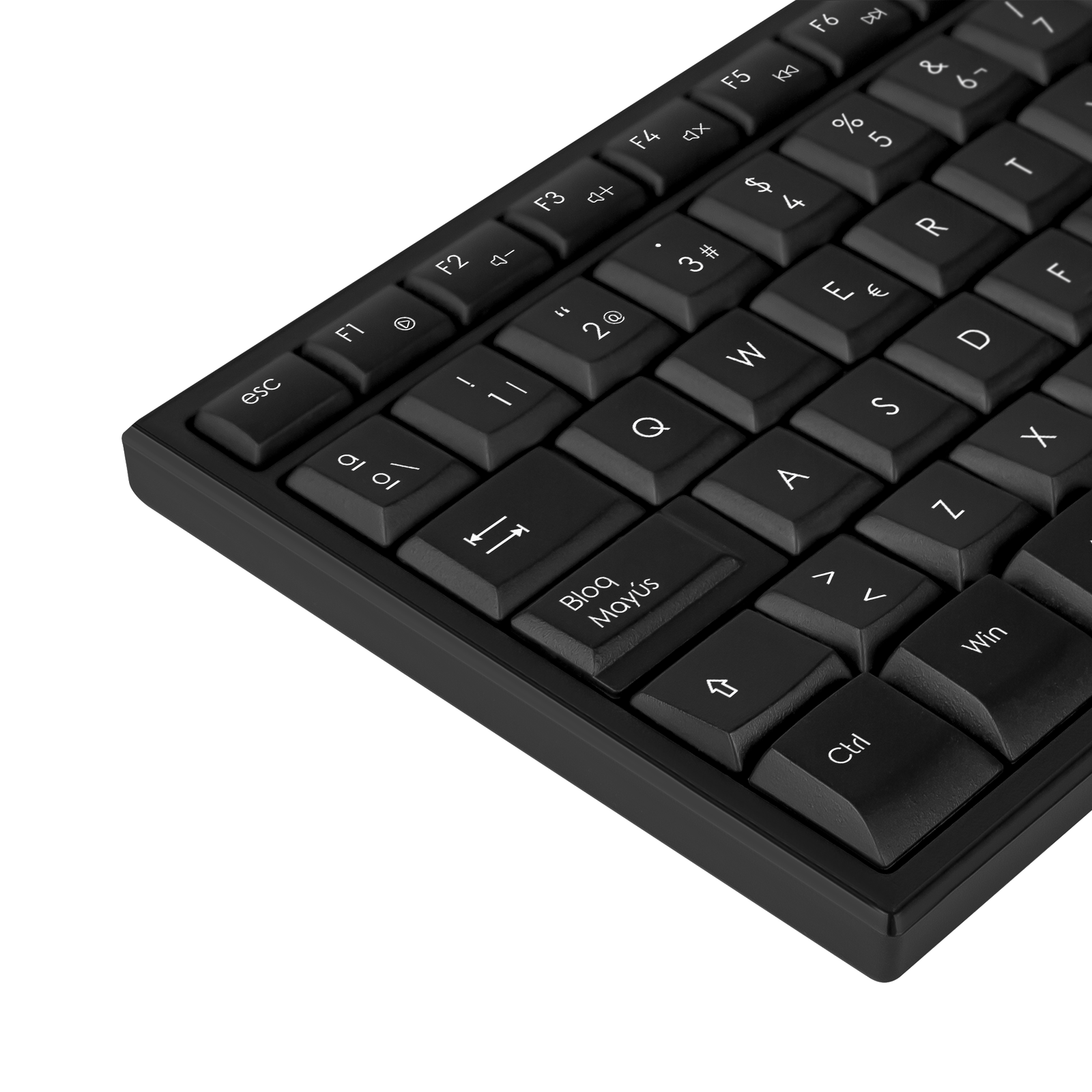 Un primer plano de un teclado de computadora negro con letras blancas.