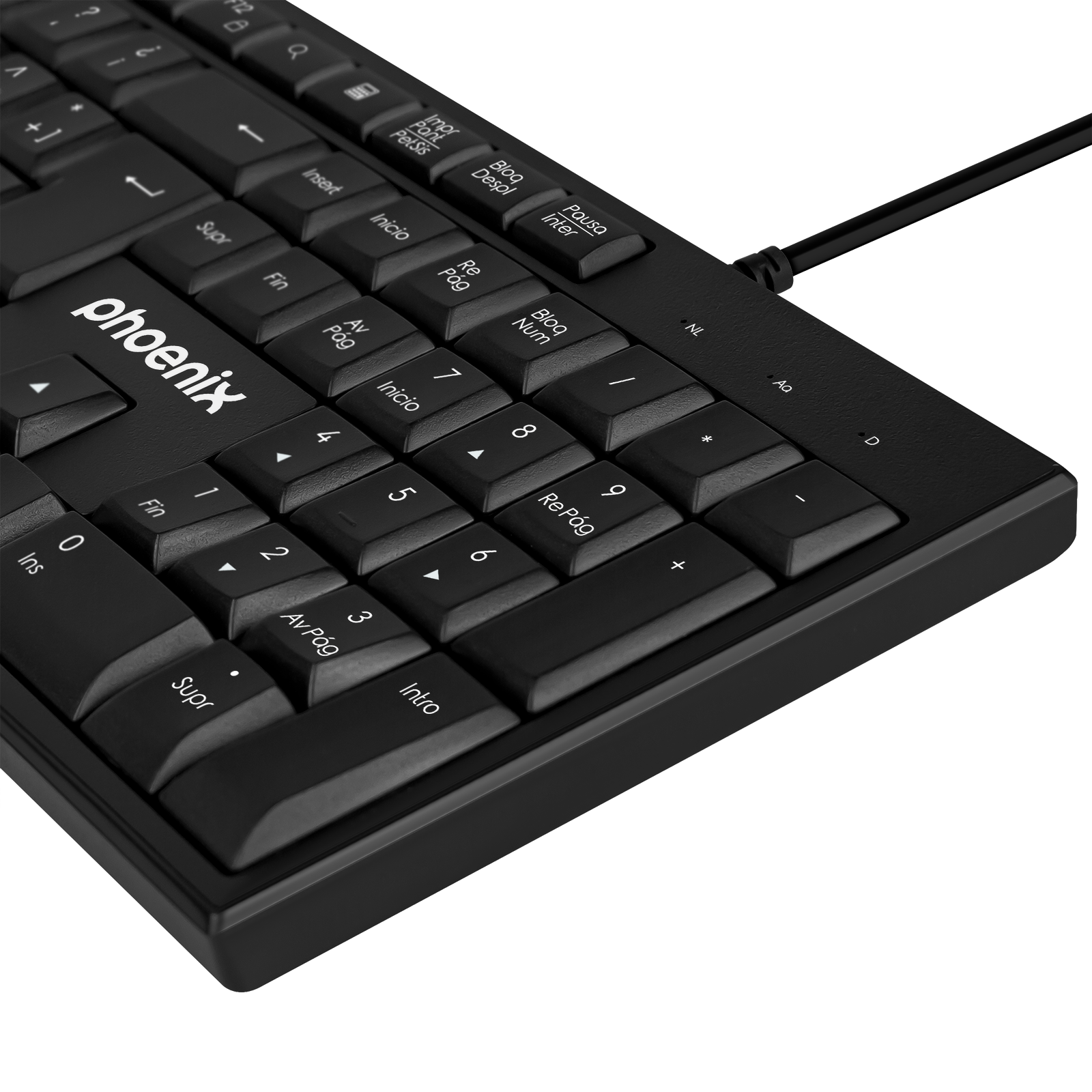 Teclado negro con logo "phoenix" y teclado numérico.