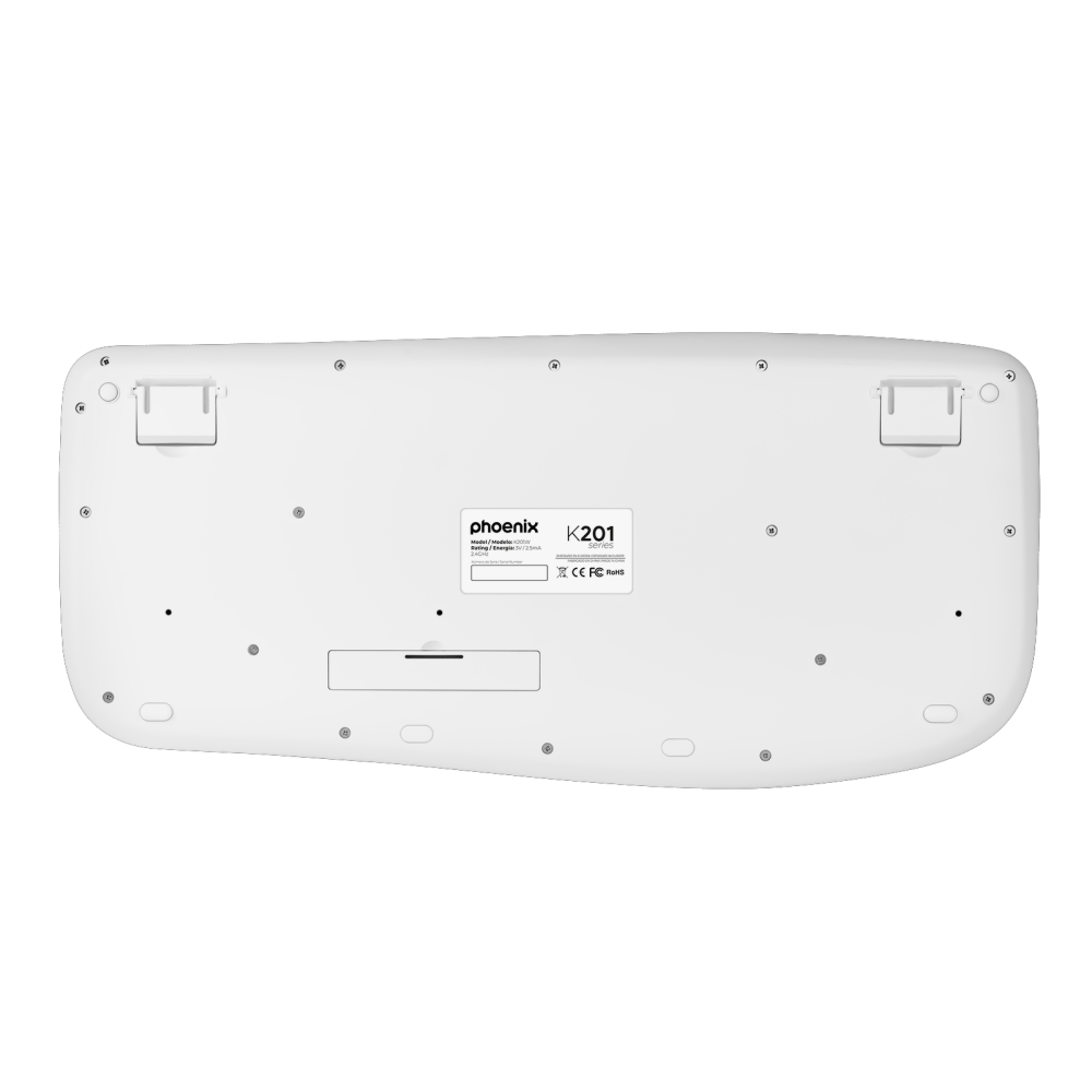 Parte inferior de un teclado blanco Phoenix K201 con marca y etiquetas CE/FCC/RoHS.