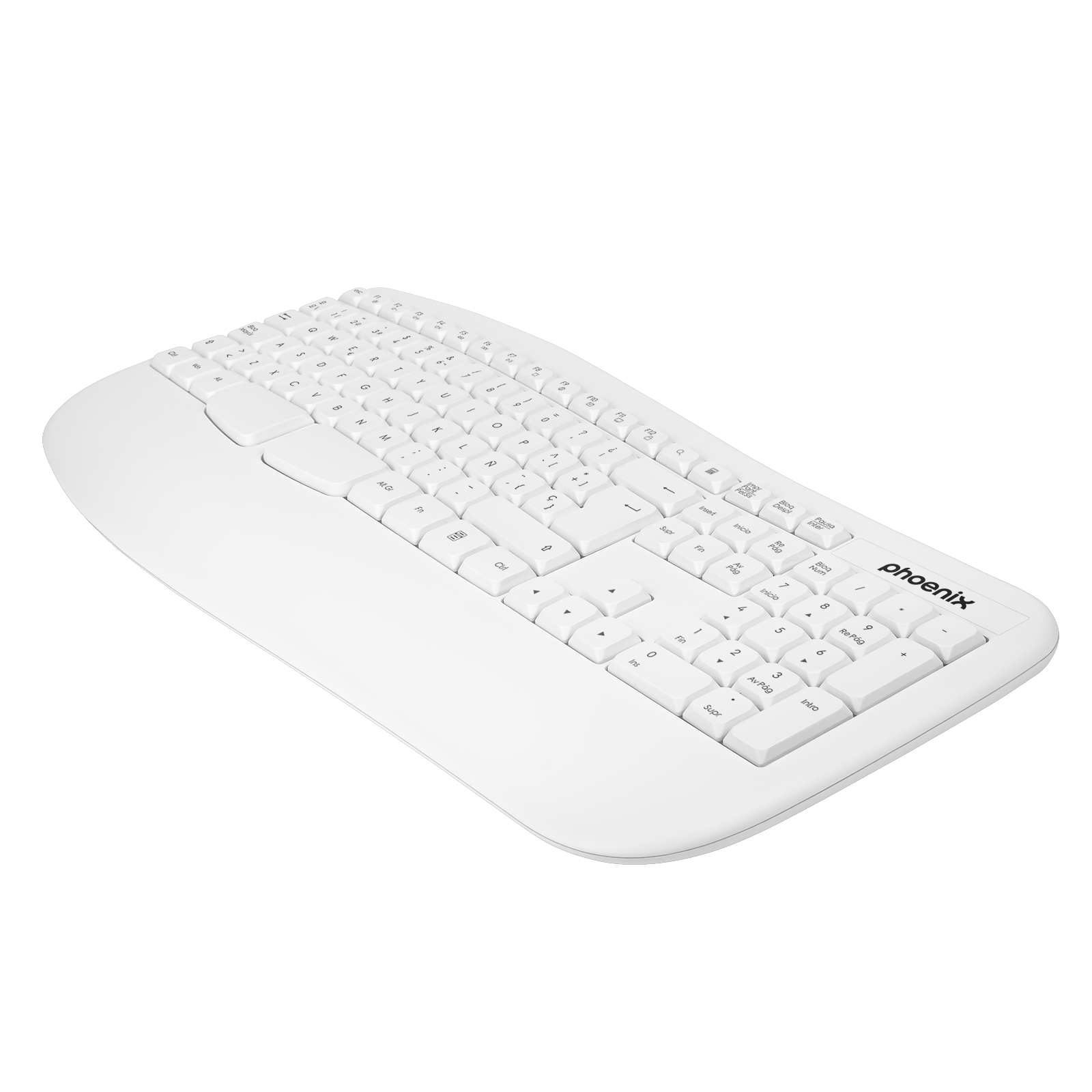 Un teclado blanco y ergonómico con el logo de Phoenix en el lado derecho.