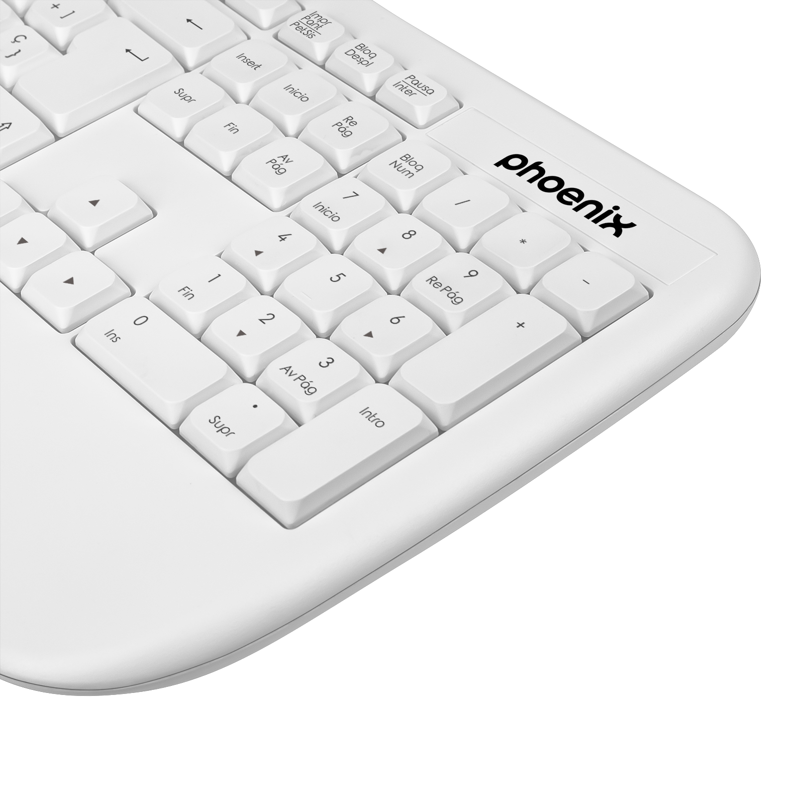 Primer plano de un teclado blanco con el logo de Phoenix. Enfocado en teclas como Insertar, Inicio, Re Pág y números.