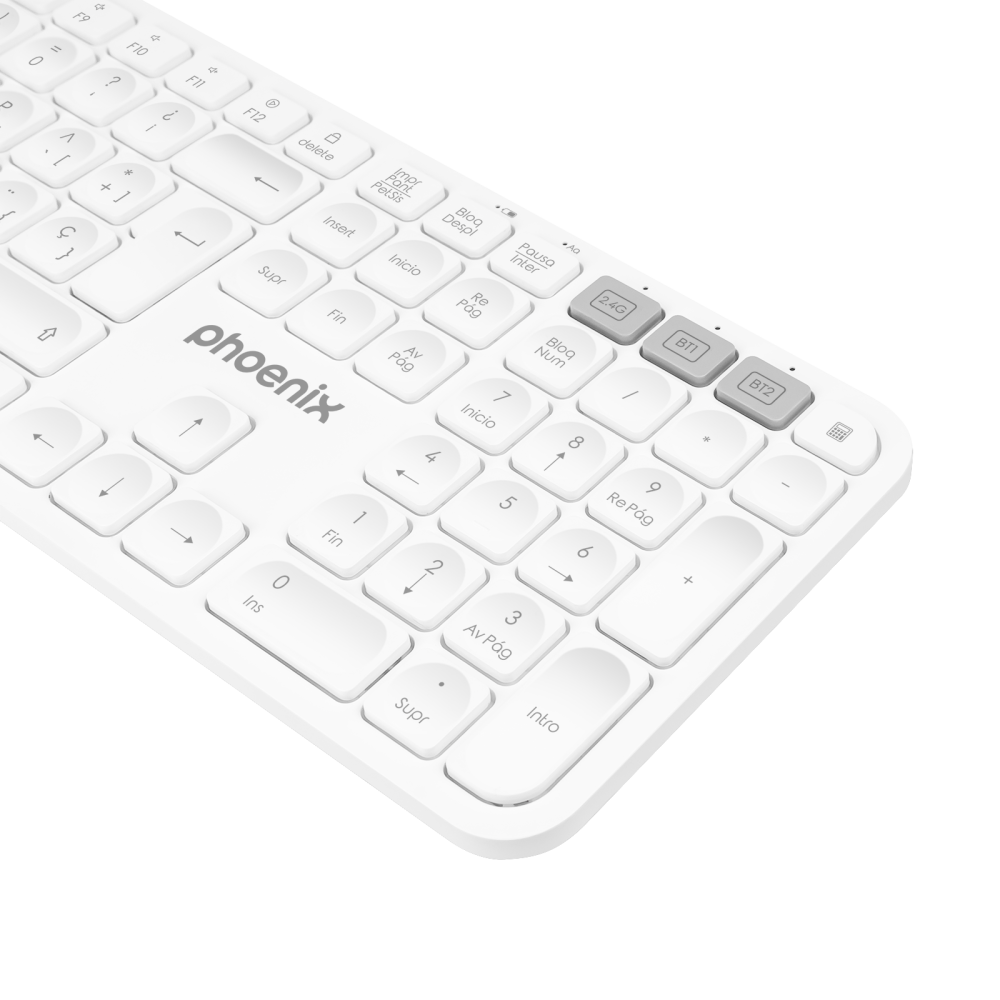 Un teclado Phoenix blanco con teclas numeradas y botones de conexión Bluetooth.