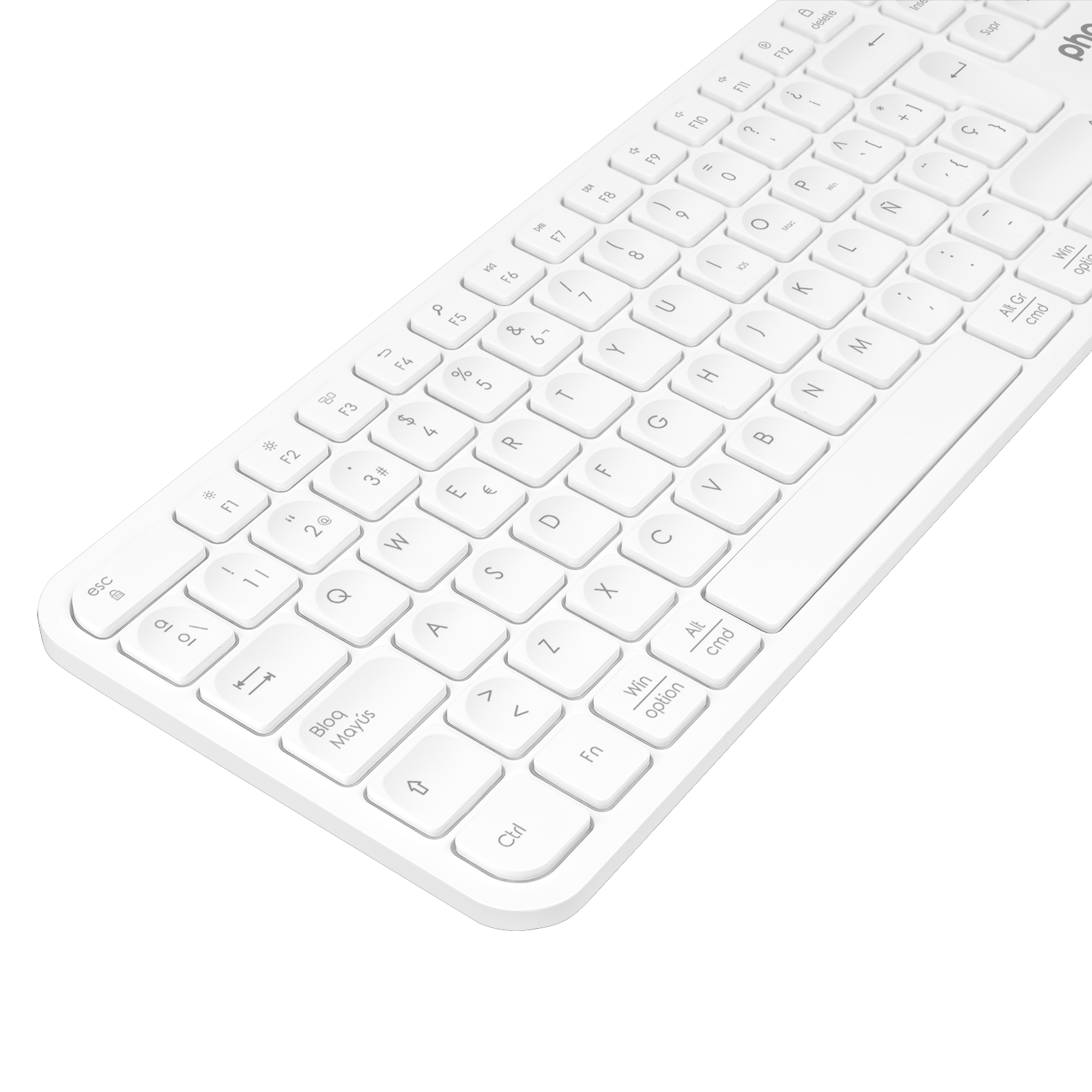 Un teclado blanco con muchas teclas, sobre un fondo gris.